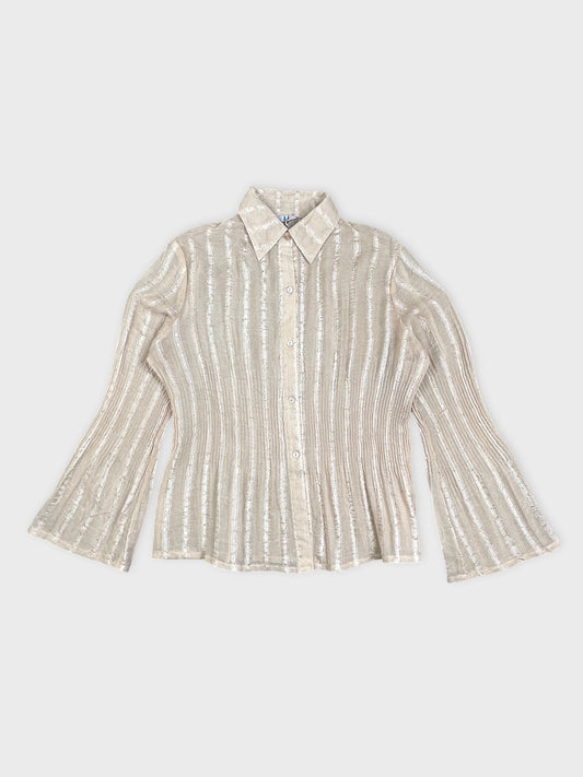 Front view of a striped blouse in light beige with bell sleeves.