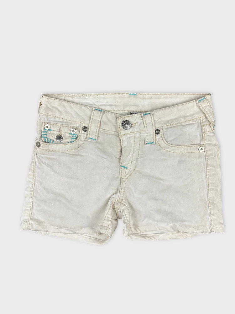 Edgy White Denim Shorts with Unique Details (W27 / S)