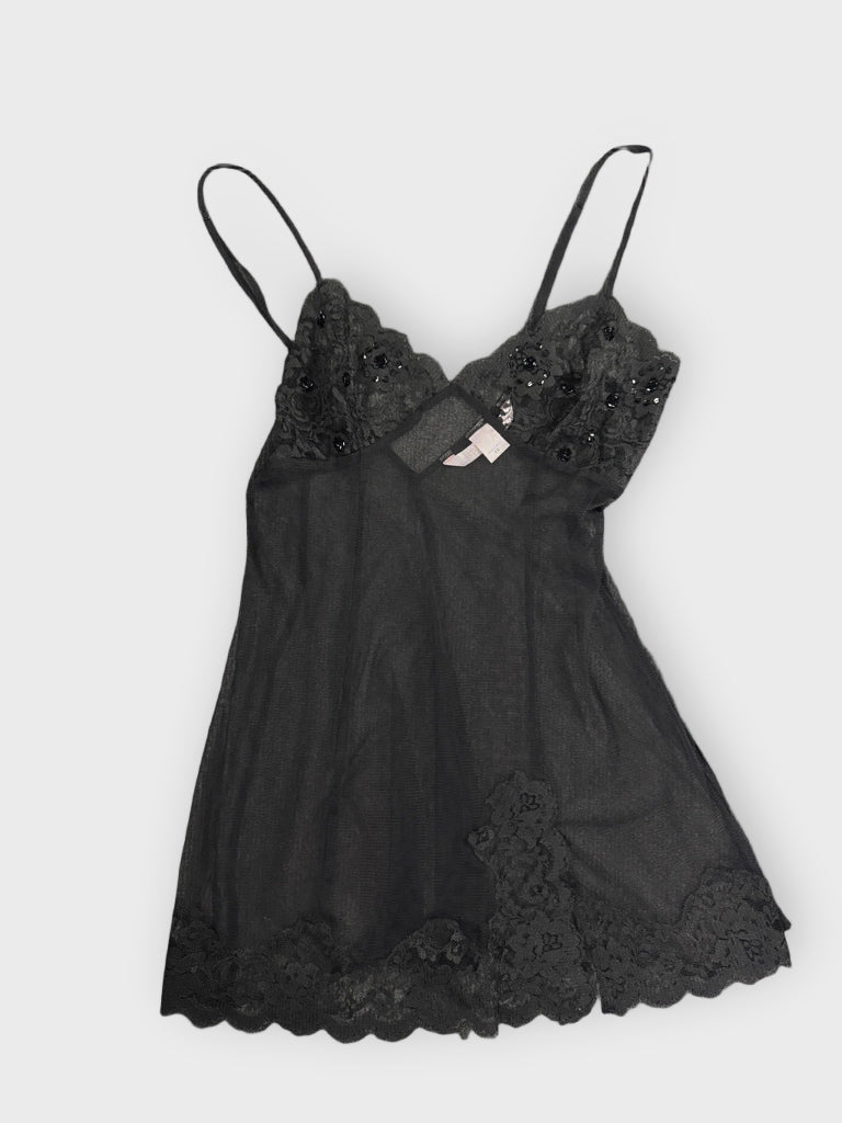 front view, Victoria's Secret Sultry Black Lace Babydoll Lingerie Top, vintage Y2K second hand piece