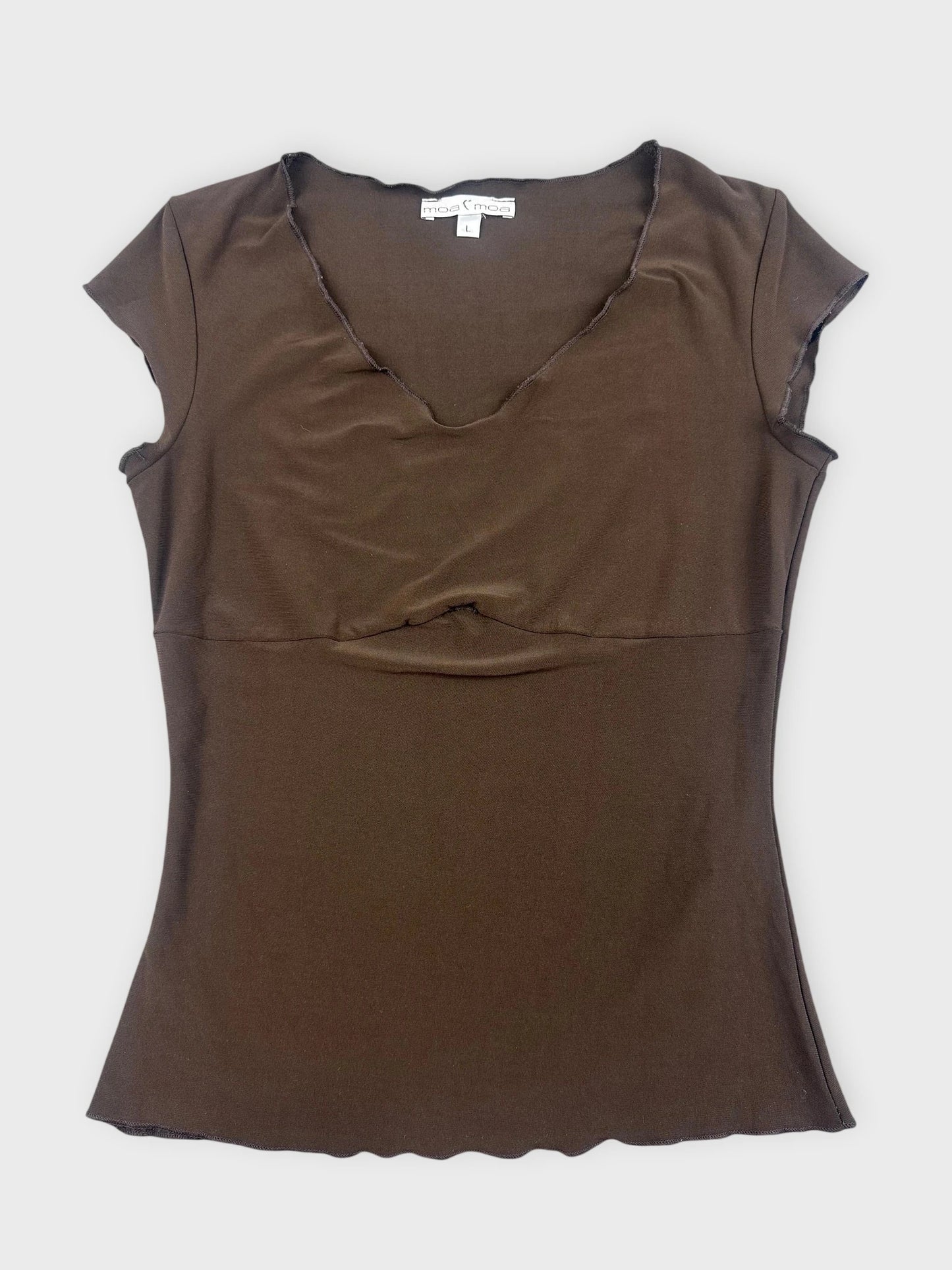 Brown slim crop top with a v-neck design front view