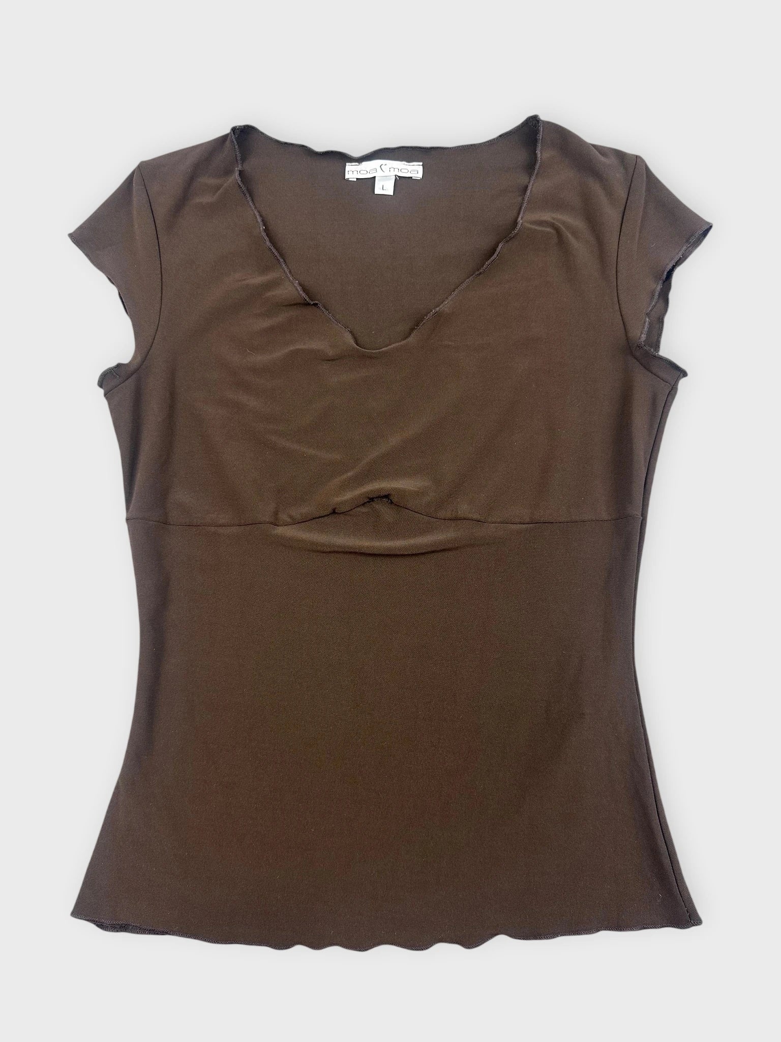 Brown slim crop top with a v-neck design front view