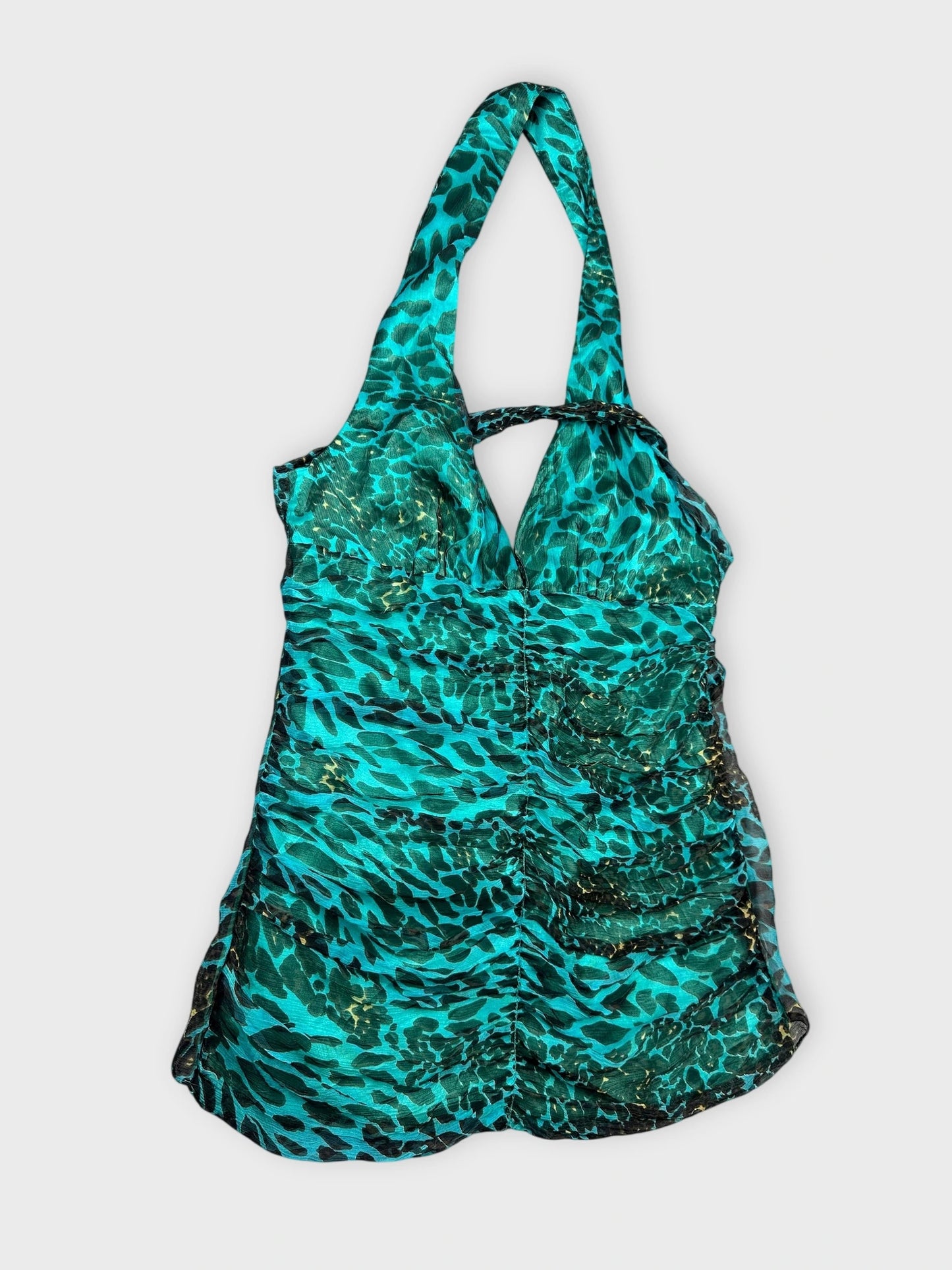 Teal leopard print top with ruched detail view showing halter neck design.