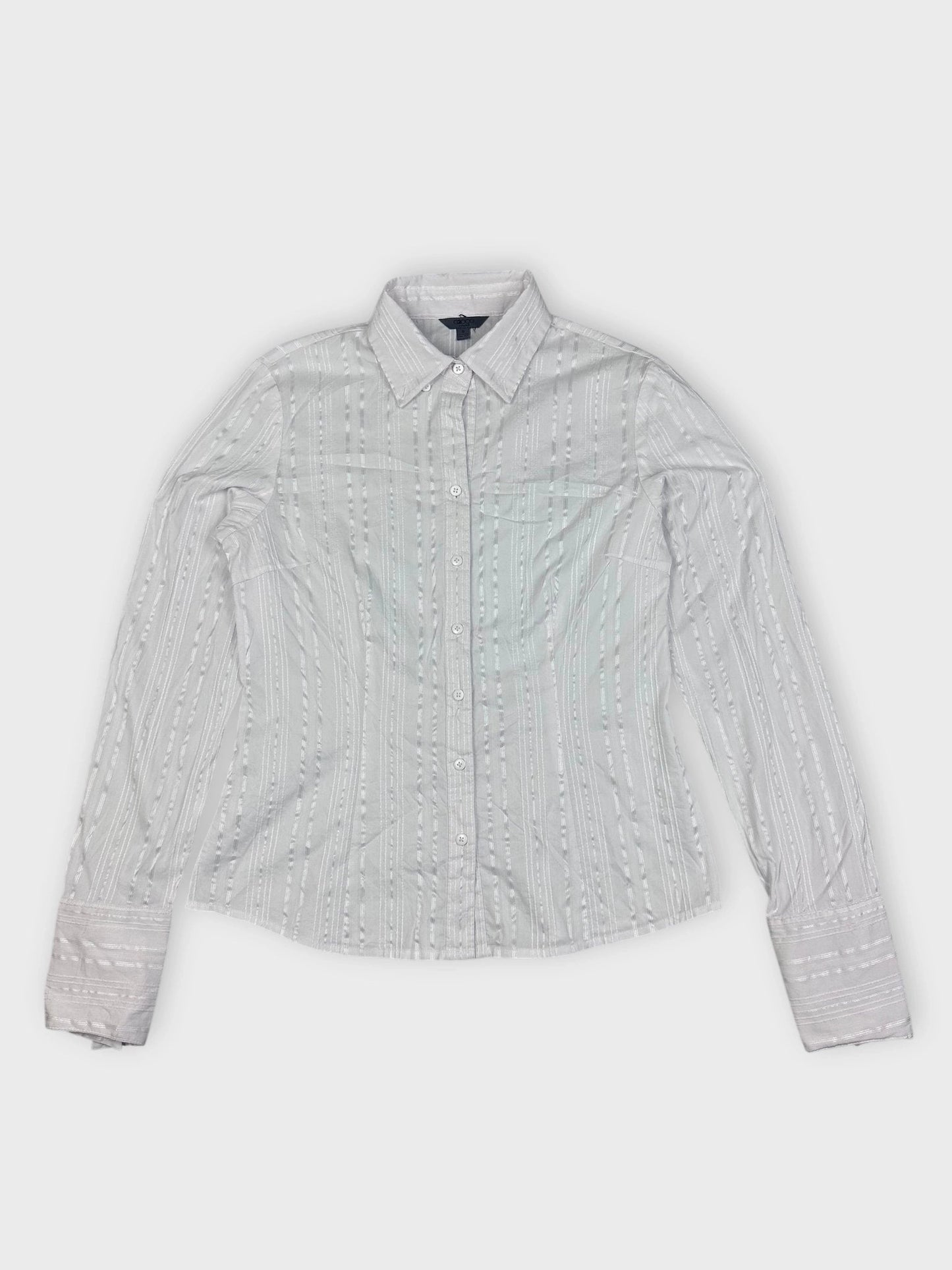 Textured white button-up shirt with vertical stripes front view