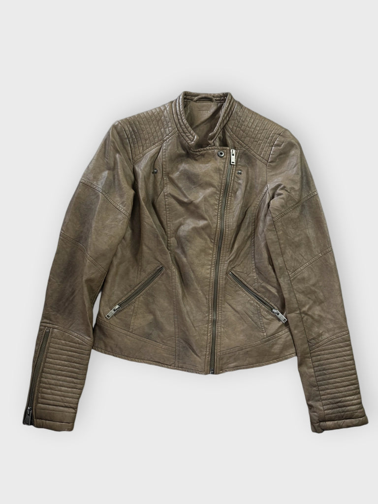 front view, Vintage Brown Faux Leather Button Jacket Women, vintage Y2K second hand piece