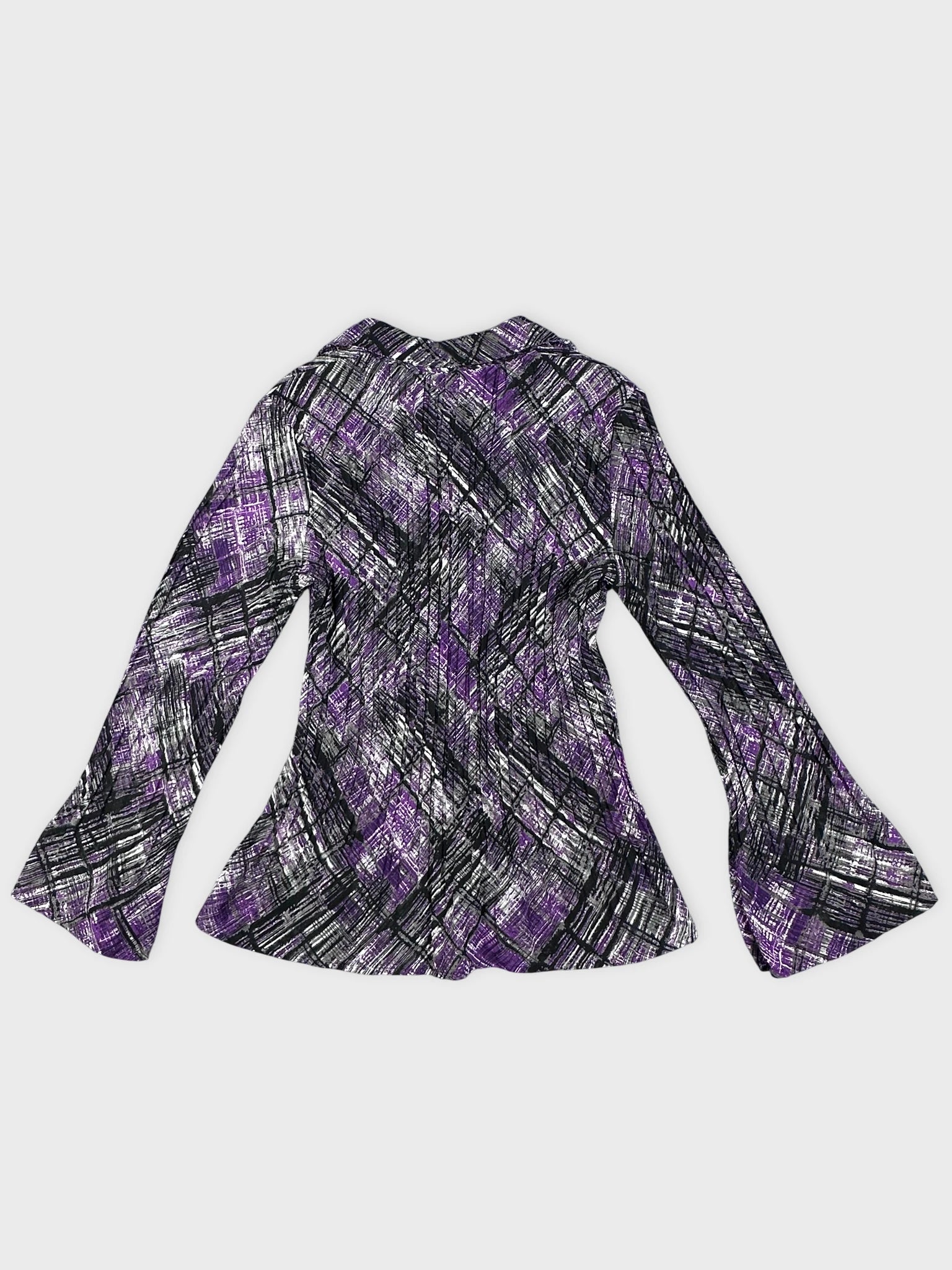 Back view of a long-sleeve shirt in purple plaid with flared sleeves.
