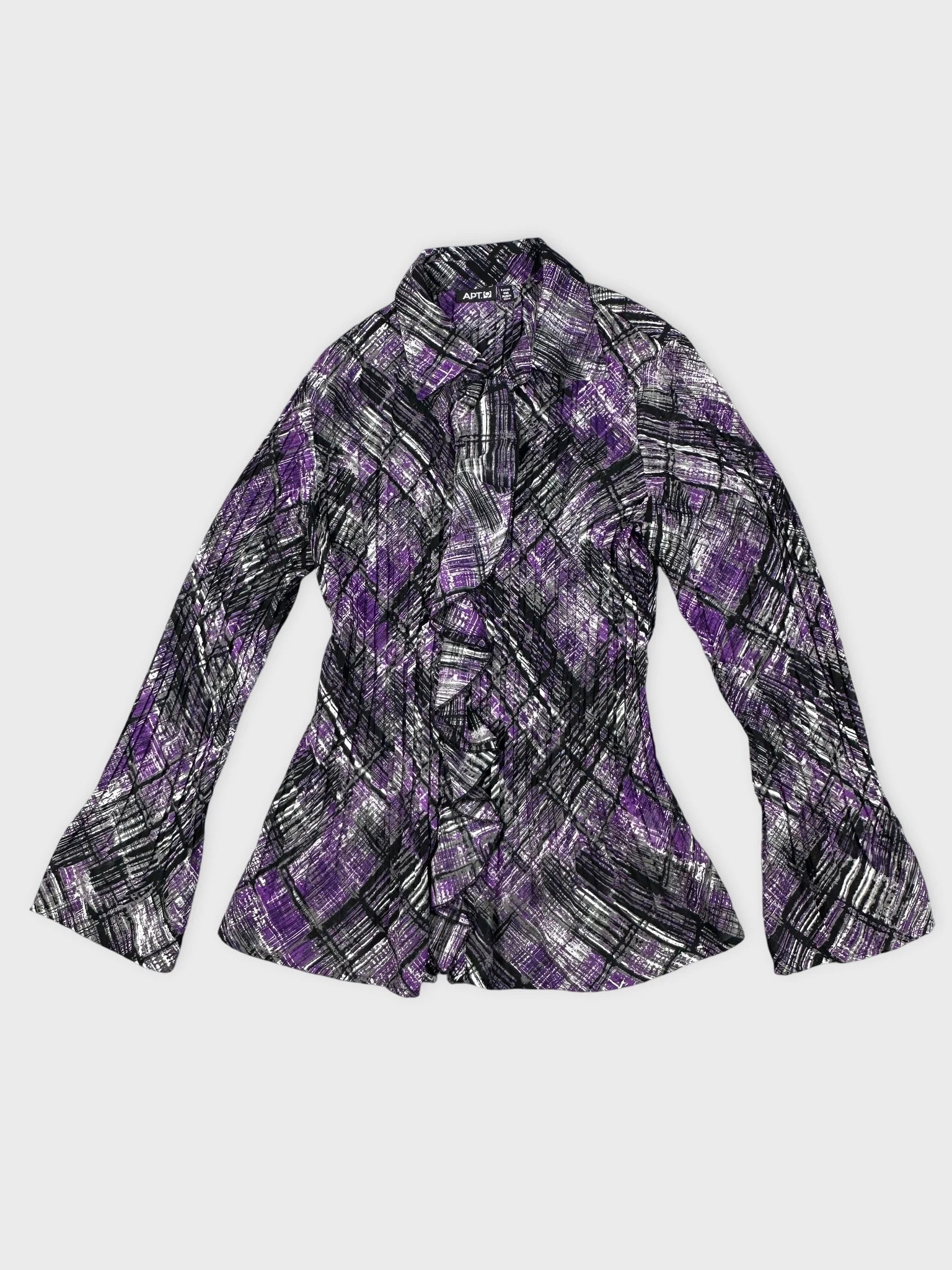 Front view of a long-sleeve shirt in purple plaid pattern with bell sleeves.