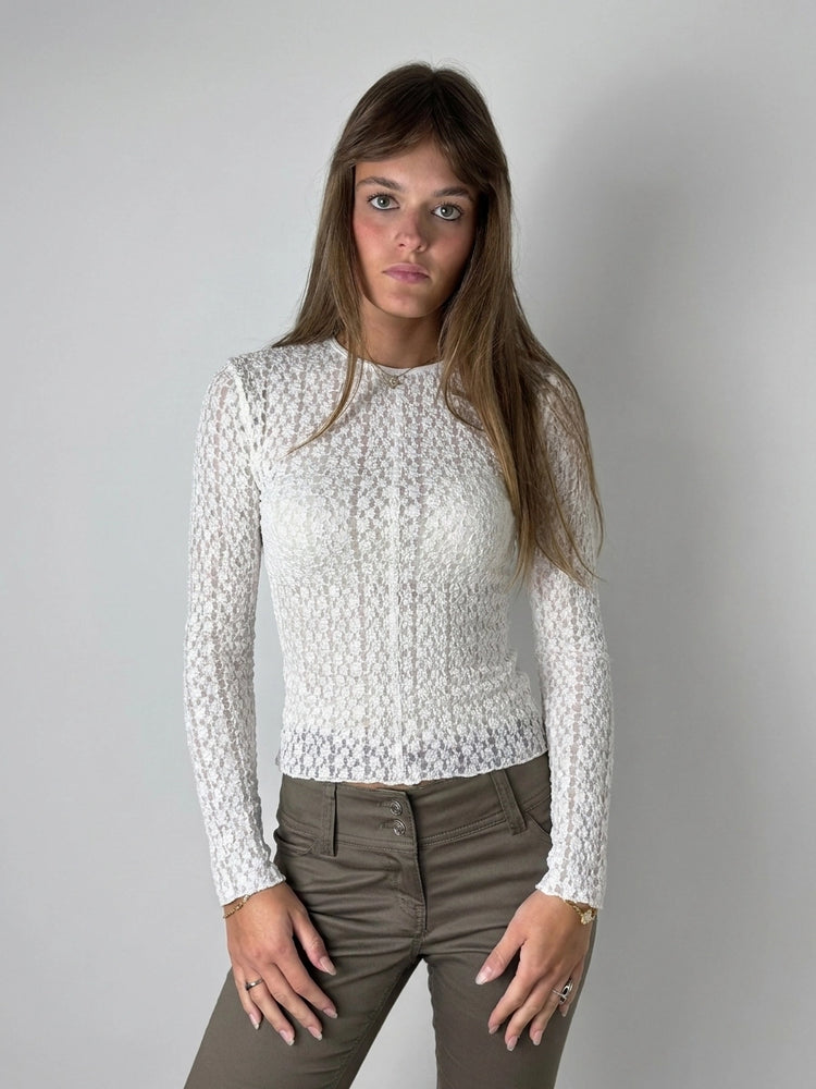 Sheer White Long Sleeve Blouse for Chic Layering (S)