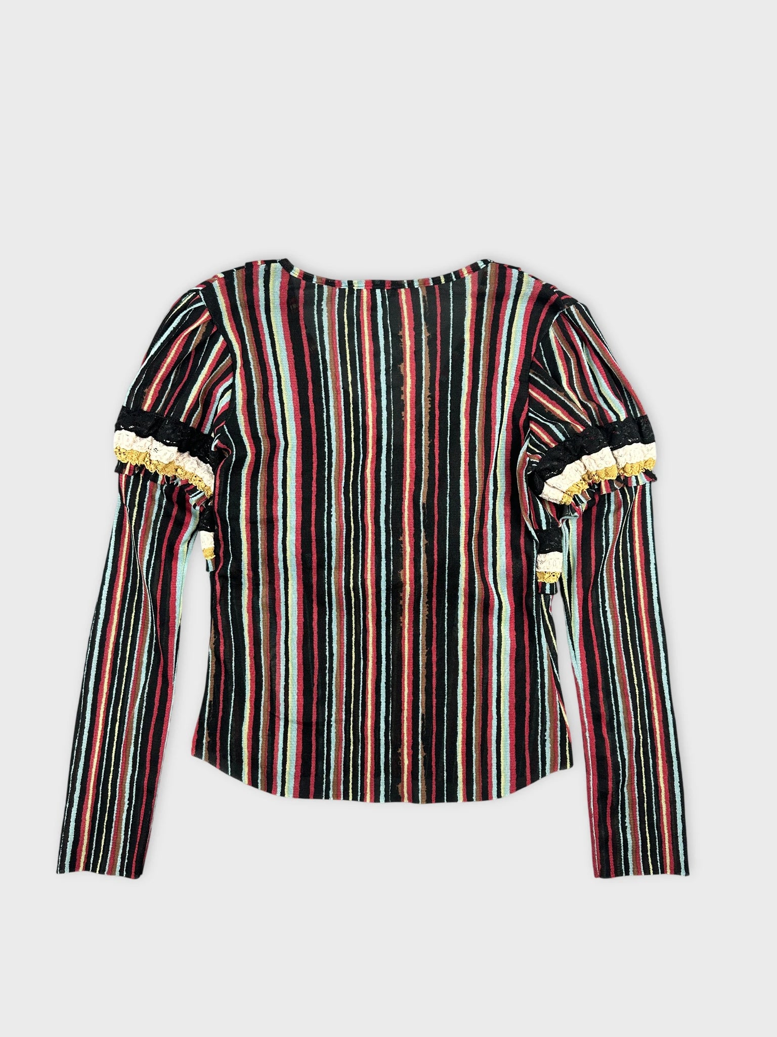 Back view of a black striped body shirt with ruffled sleeves.
