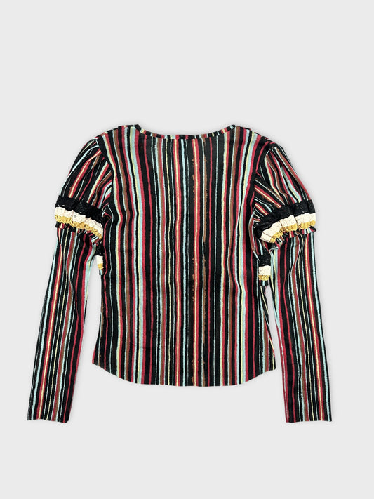 Back view of a black striped body shirt with ruffled sleeves.