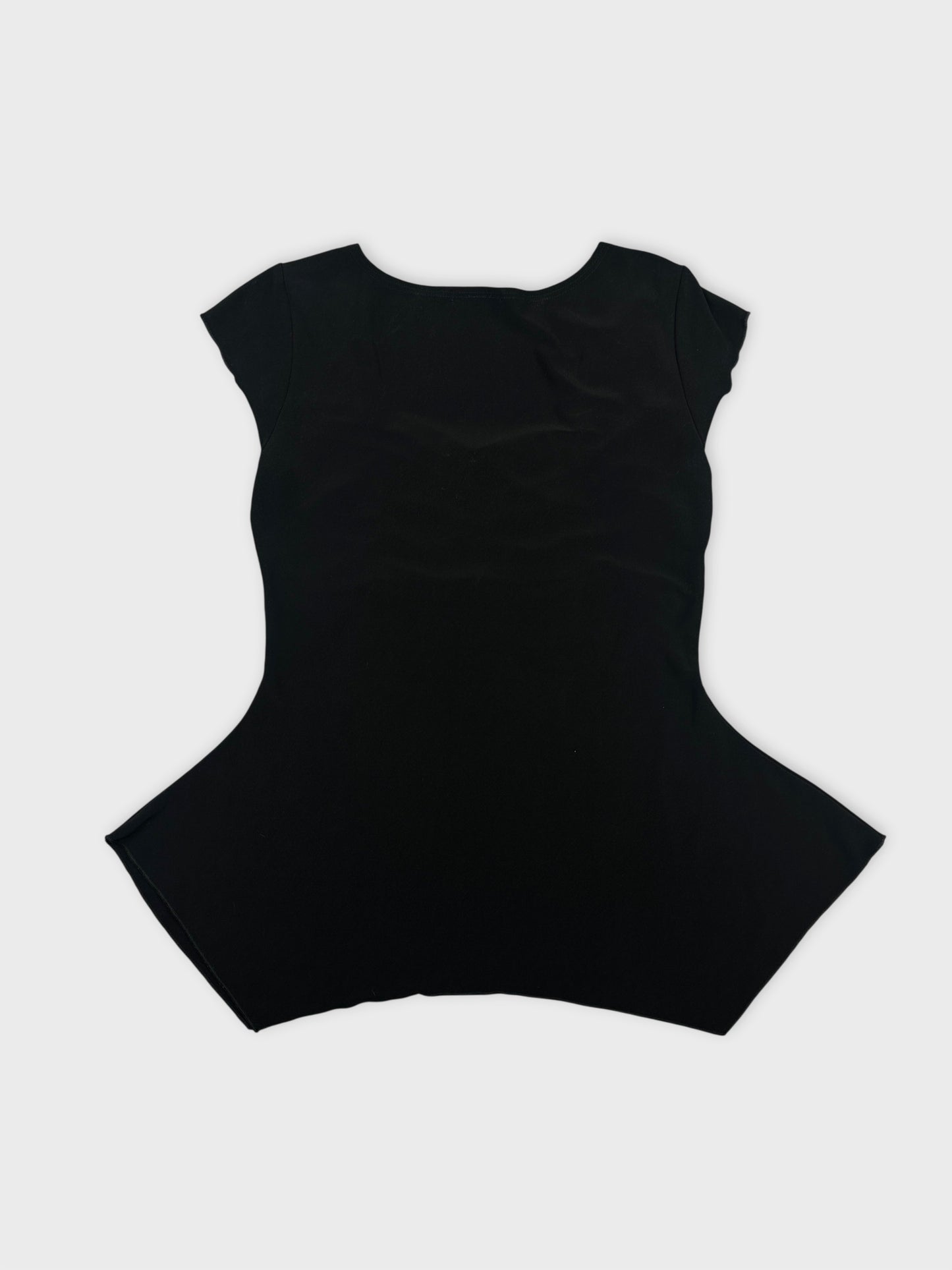 Back view of a black women body shirt with short cap sleeves.
