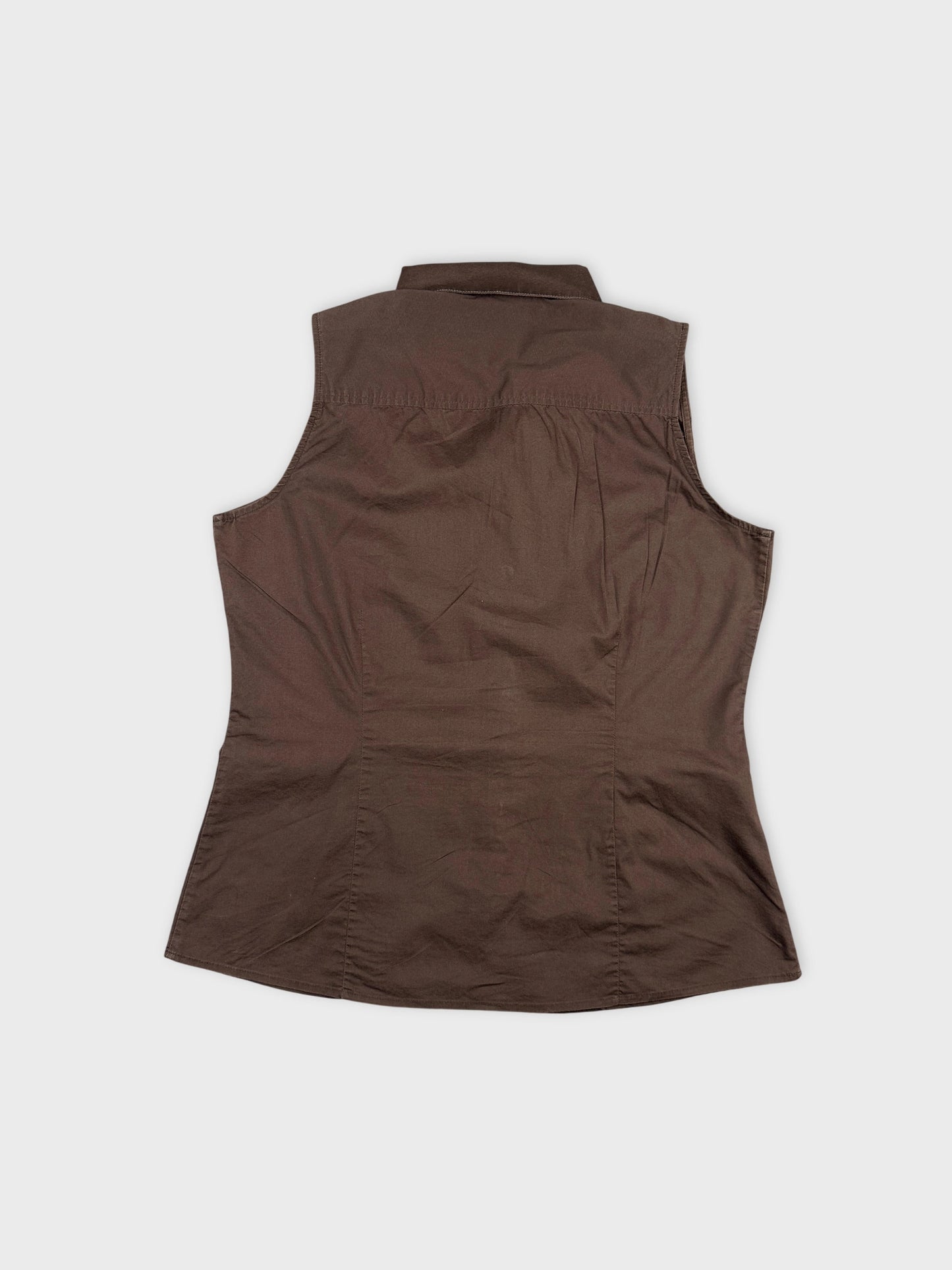 Back view of a brown sleeveless body shirt displaying a fitted shape.