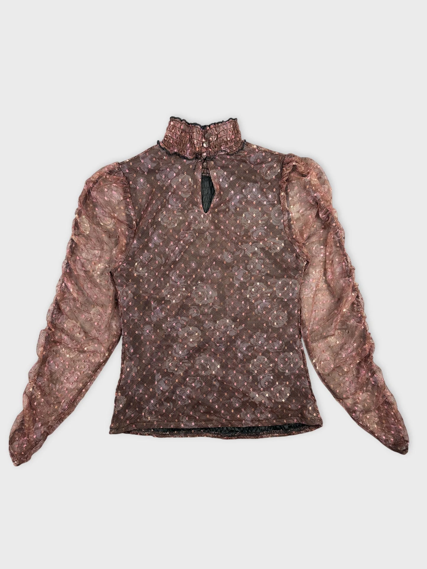 Back view of a brown patterned long-sleeve body shirt with puffed sleeves.