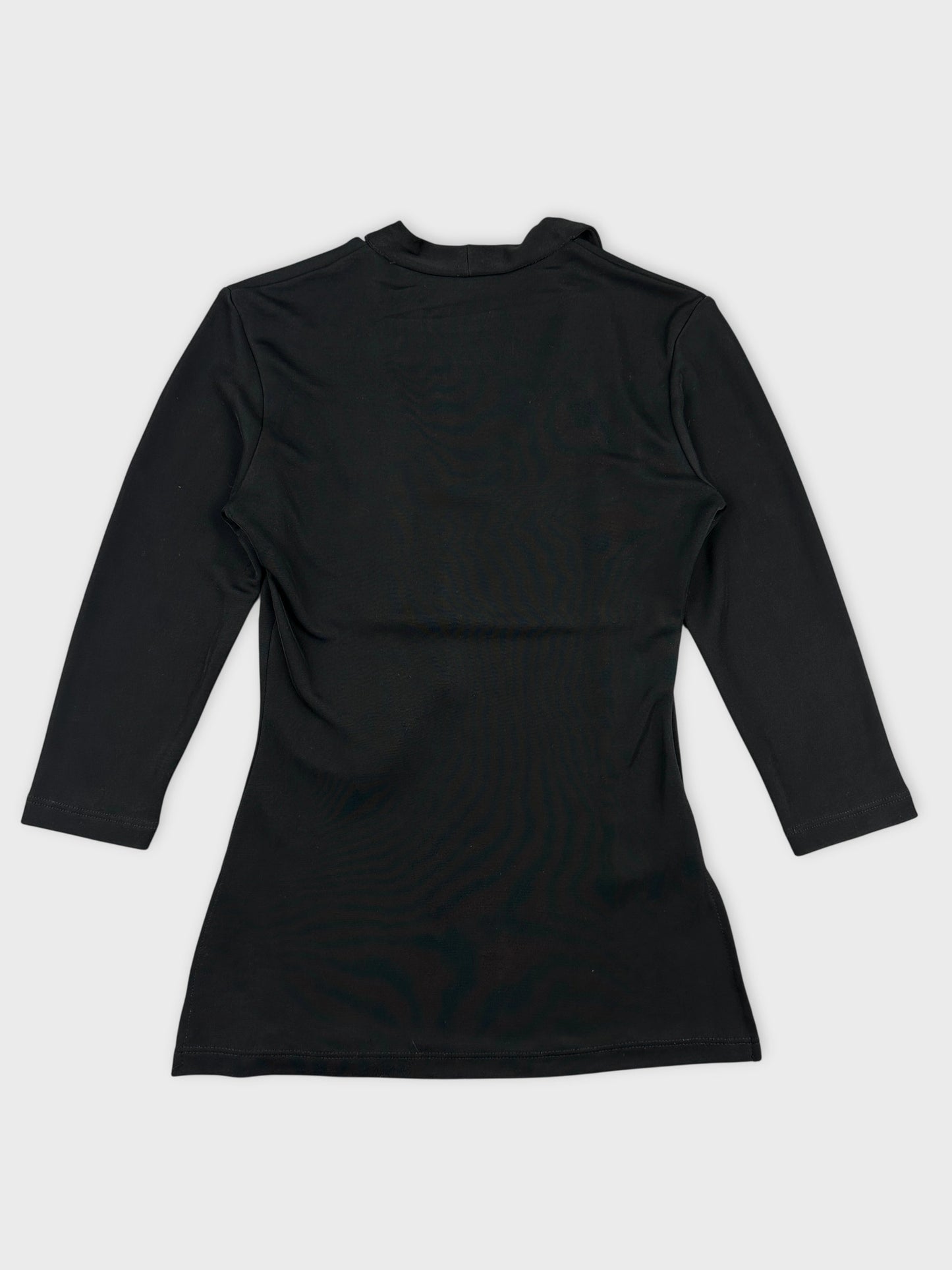 Back view of a black women body shirt featuring a high neckline.