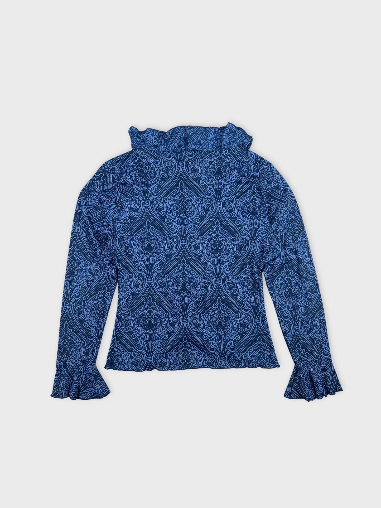 Back view of a blue vintage body shirt featuring a paisley pattern and ruffled collar.