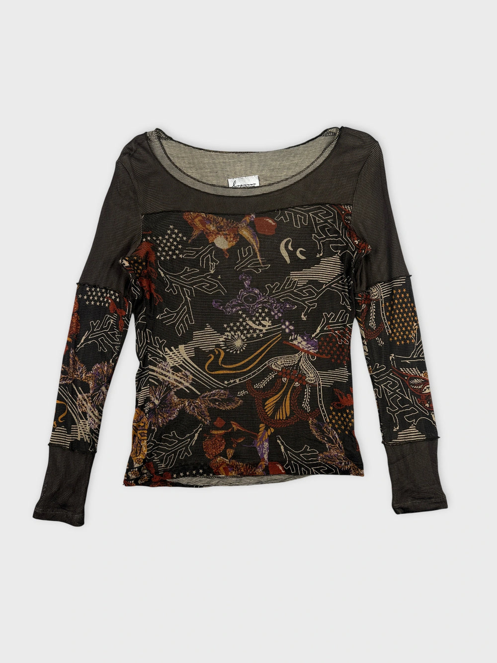 Detail view of a black long-sleeve body shirt with floral print.