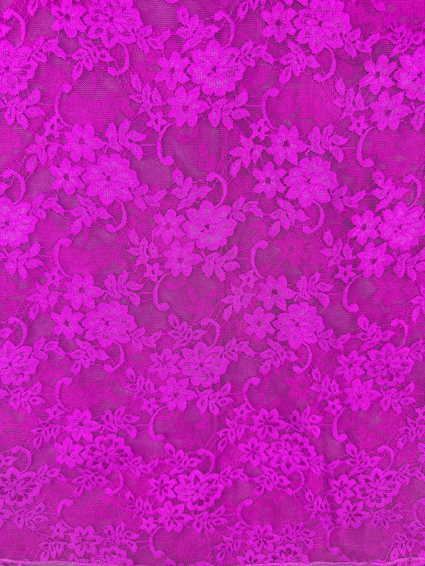 Detail view of a women body shirt in vibrant purple floral lace pattern.