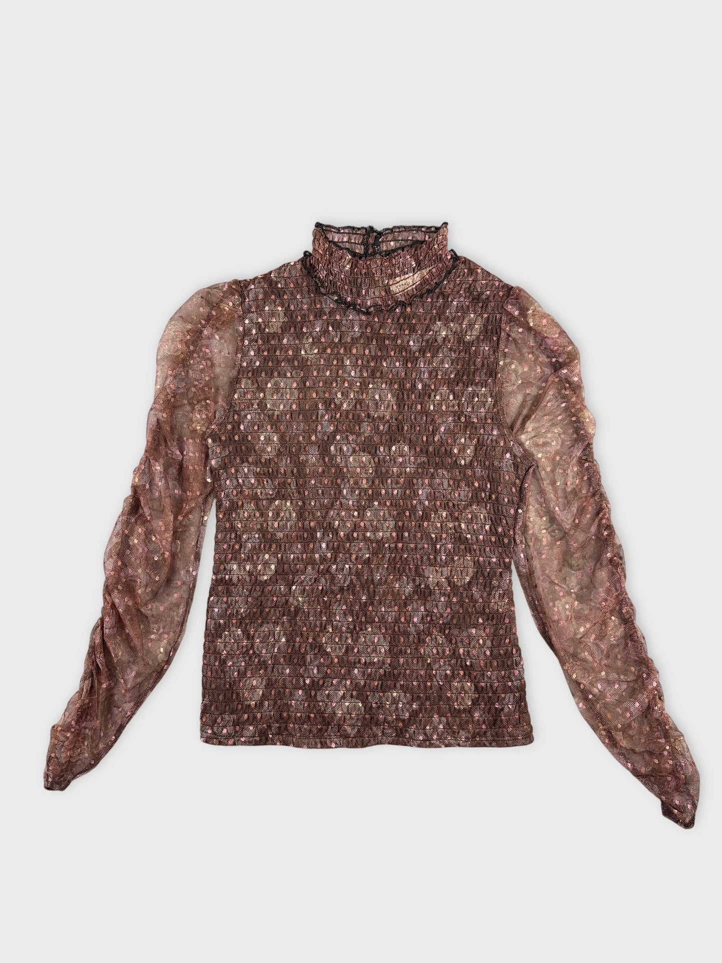 Front view of a vintage body shirt in muted pink with floral print.