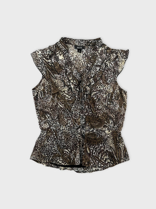 Vintage body shirt with brown and cream floral pattern front view.