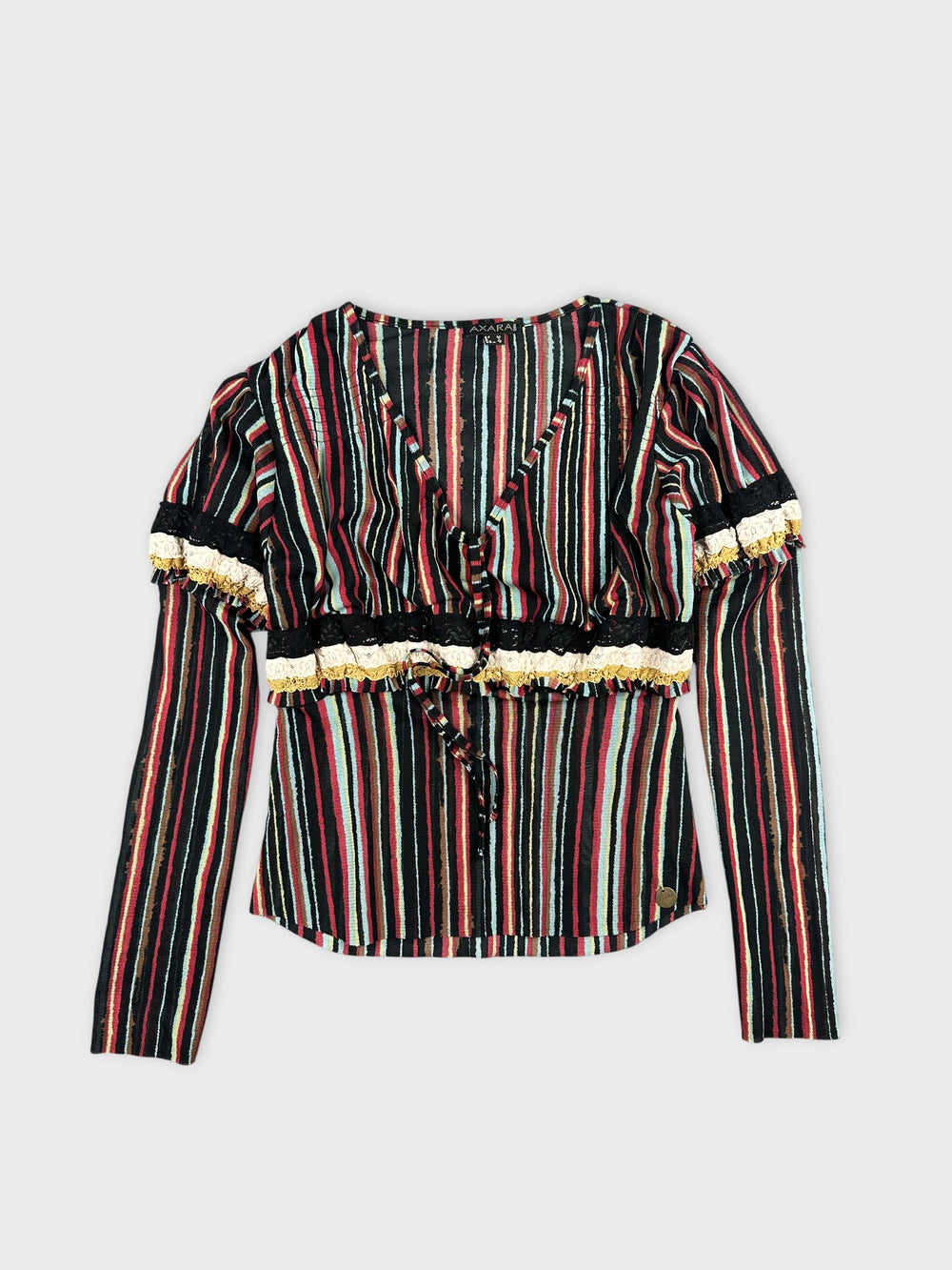Front view of a striped long-sleeve body shirt with ruffled trim.