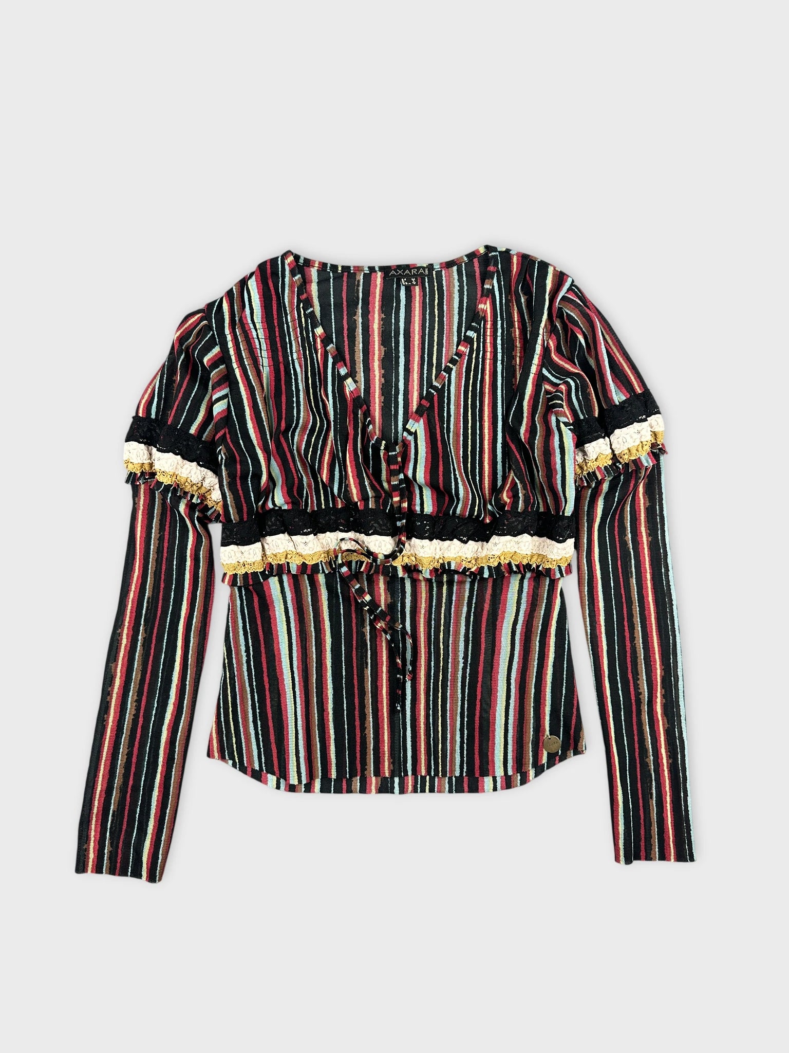 Front view of a striped long-sleeve body shirt with ruffled trim.