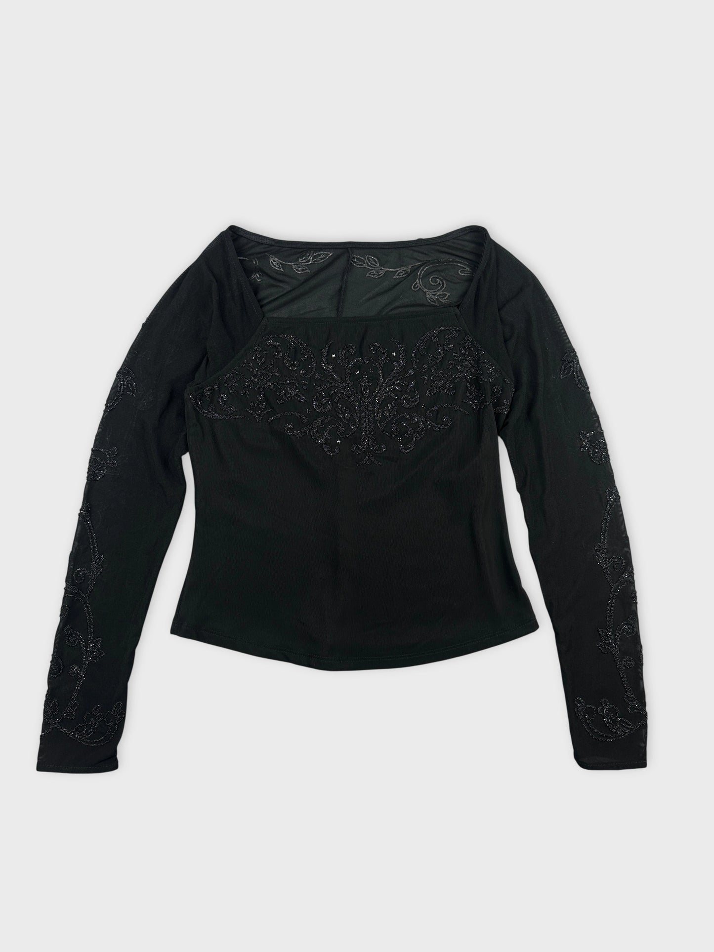 Black body shirt with intricate beaded design front view
