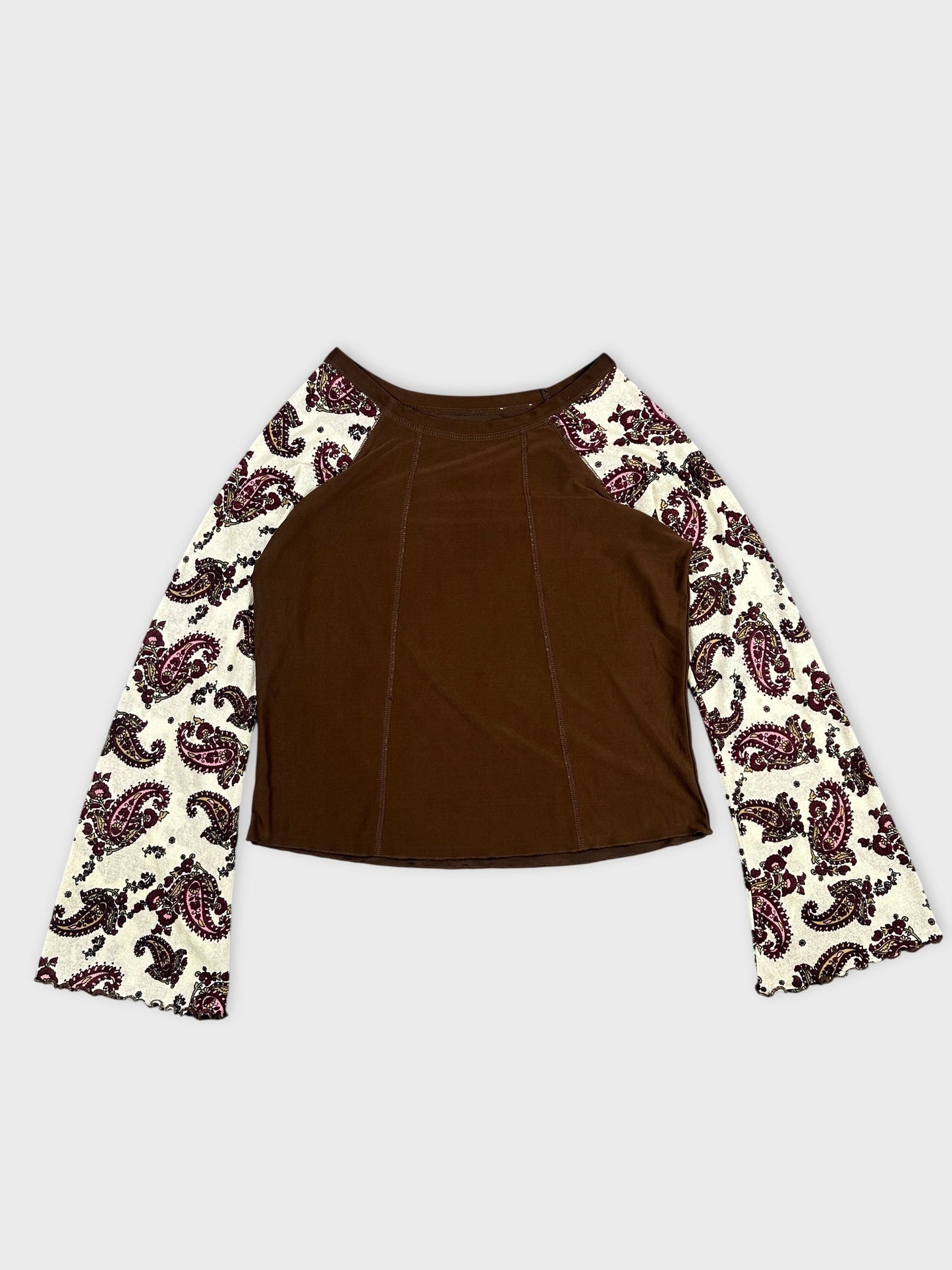 Brown body shirt with paisley print sleeves front view