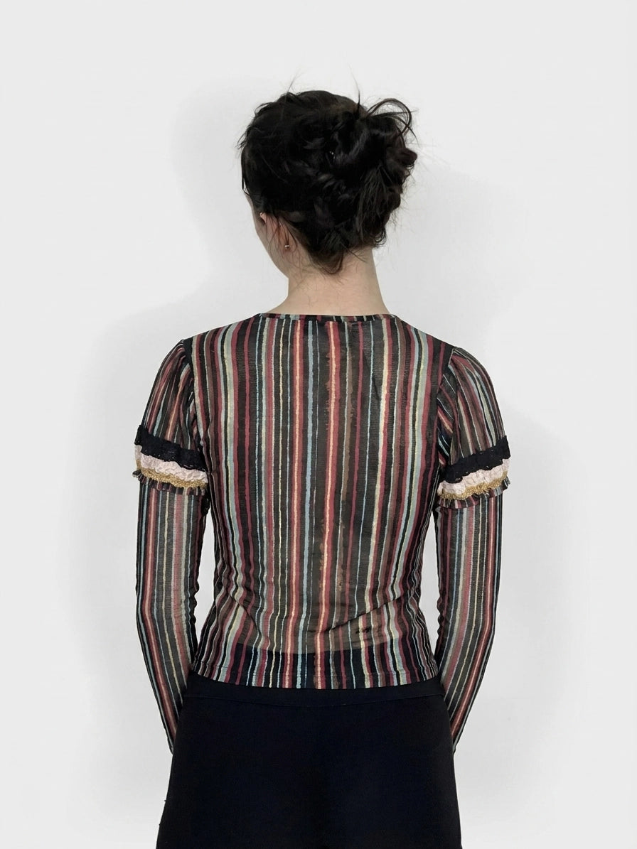 Back view of a striped vintage body shirt with lace trim.