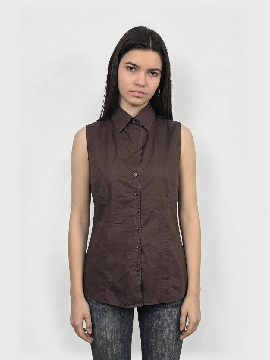 Front view of a sleeveless brown body shirt with button detail.