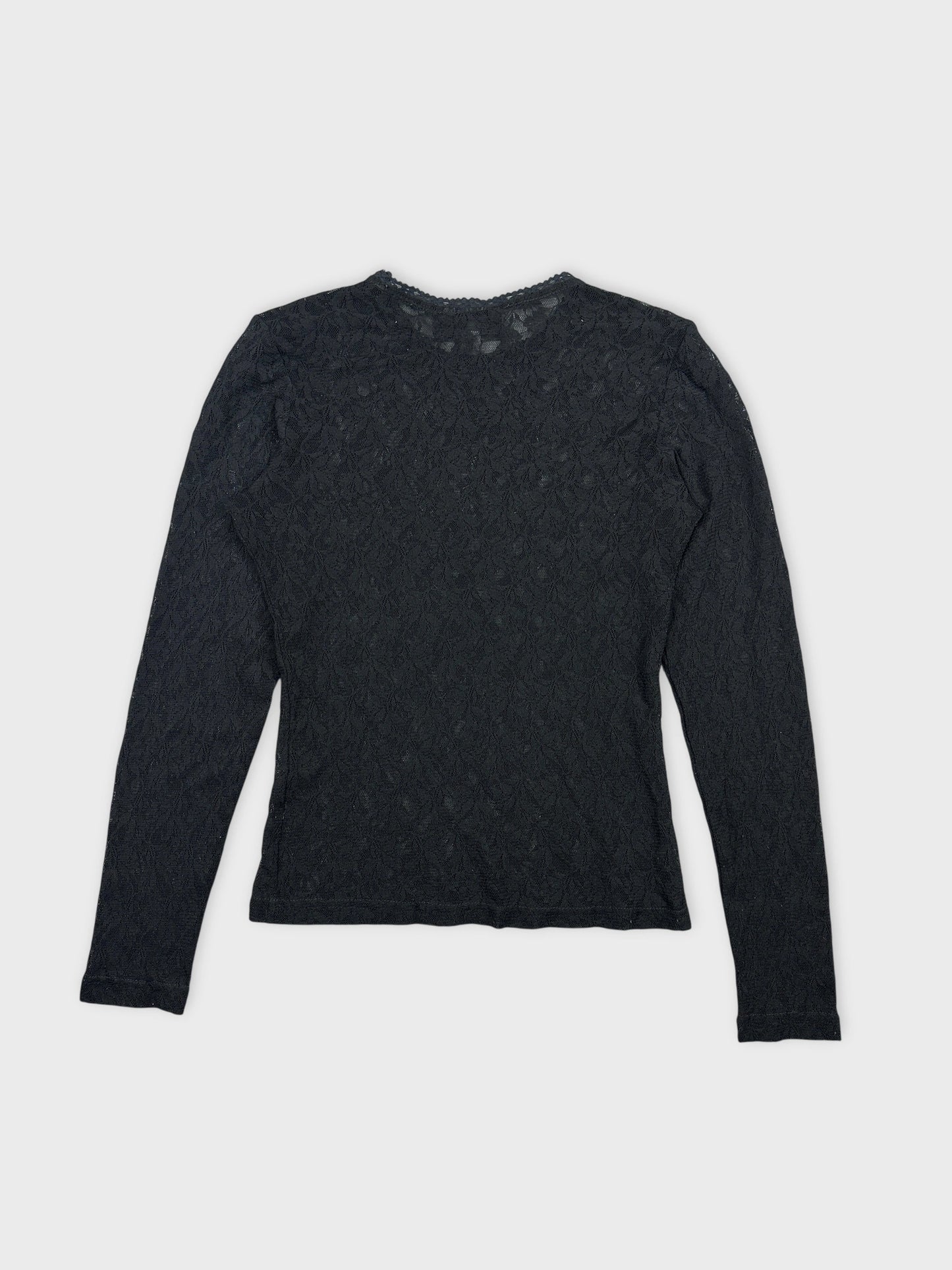 Back view of a black long-sleeve lace body shirt with floral pattern.