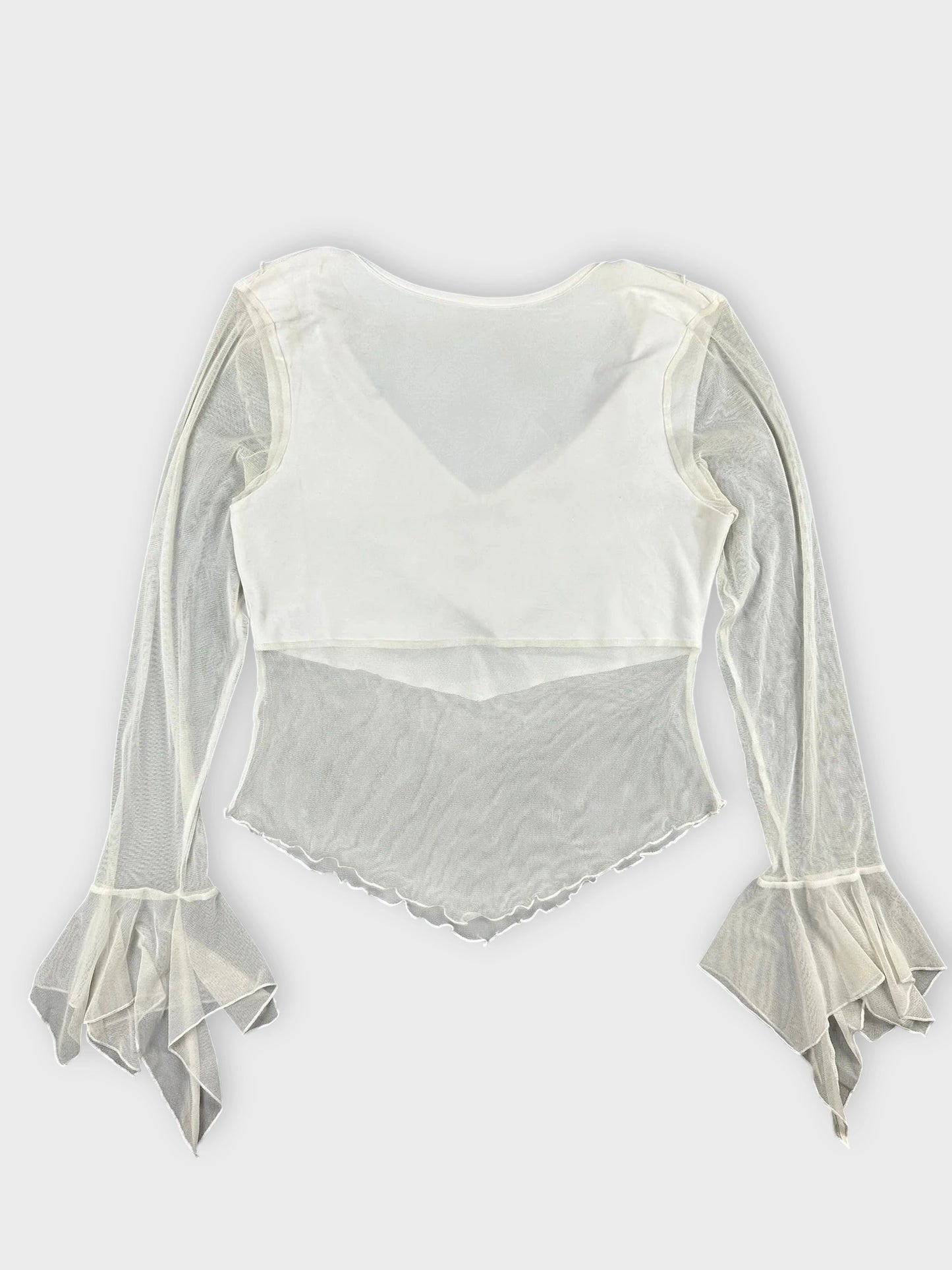 White Ruffled Mesh Top with Elegant Sleeves (L)