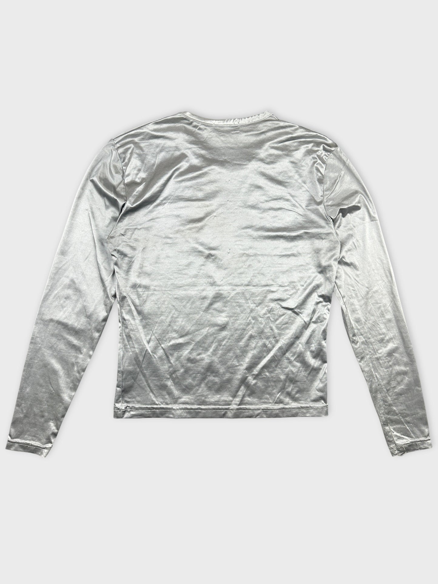 Back view of a long-sleeve silver body shirt featuring a smooth finish.