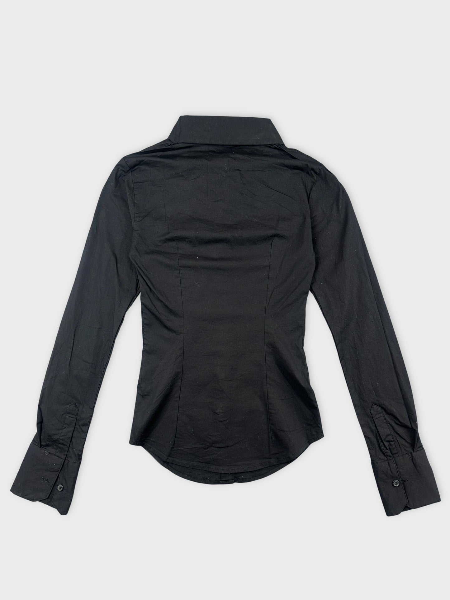 Back view of a black body shirt featuring a classic collar and fitted silhouette.