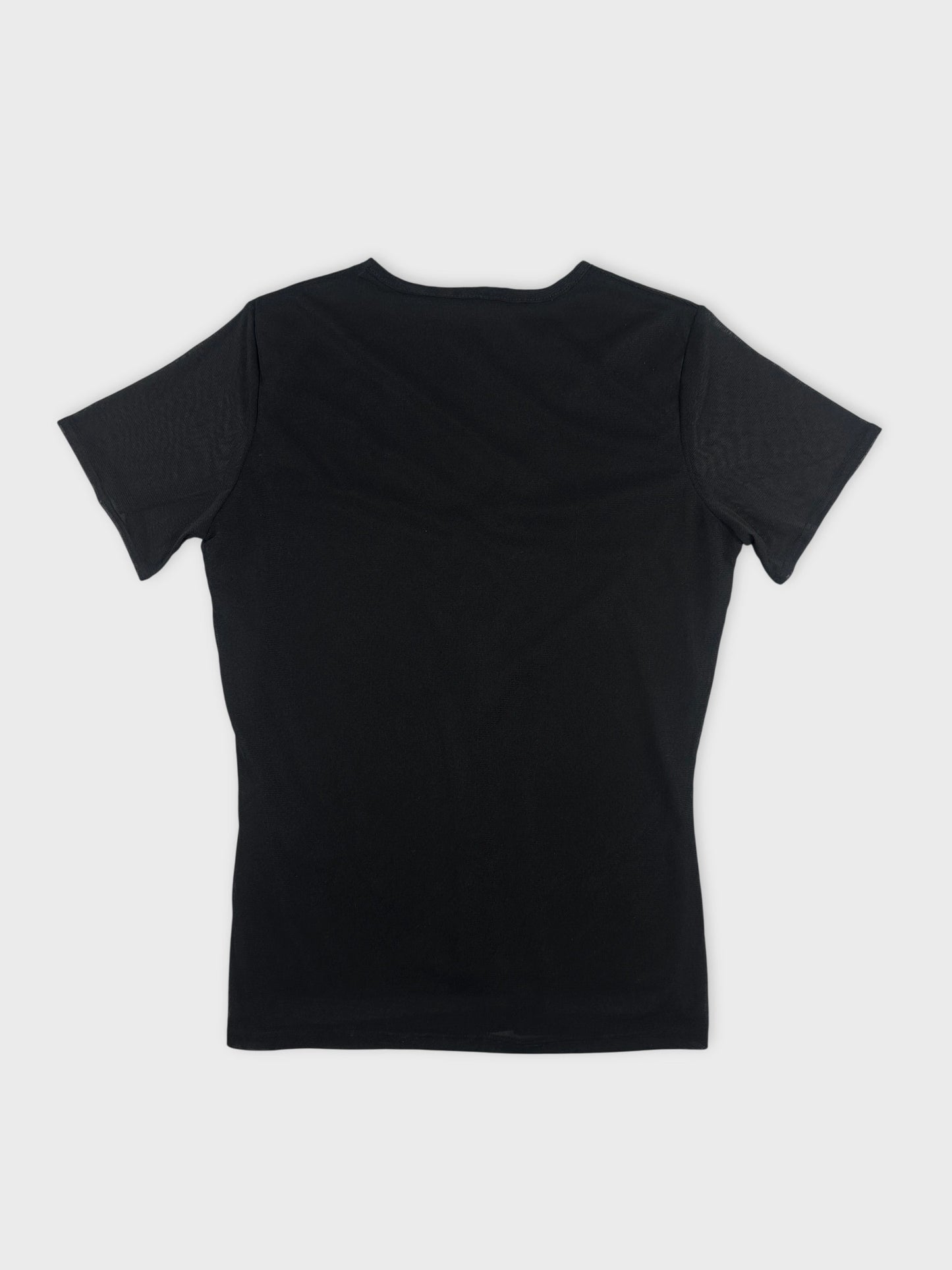 Back view of a black women’s body shirt with short sleeves