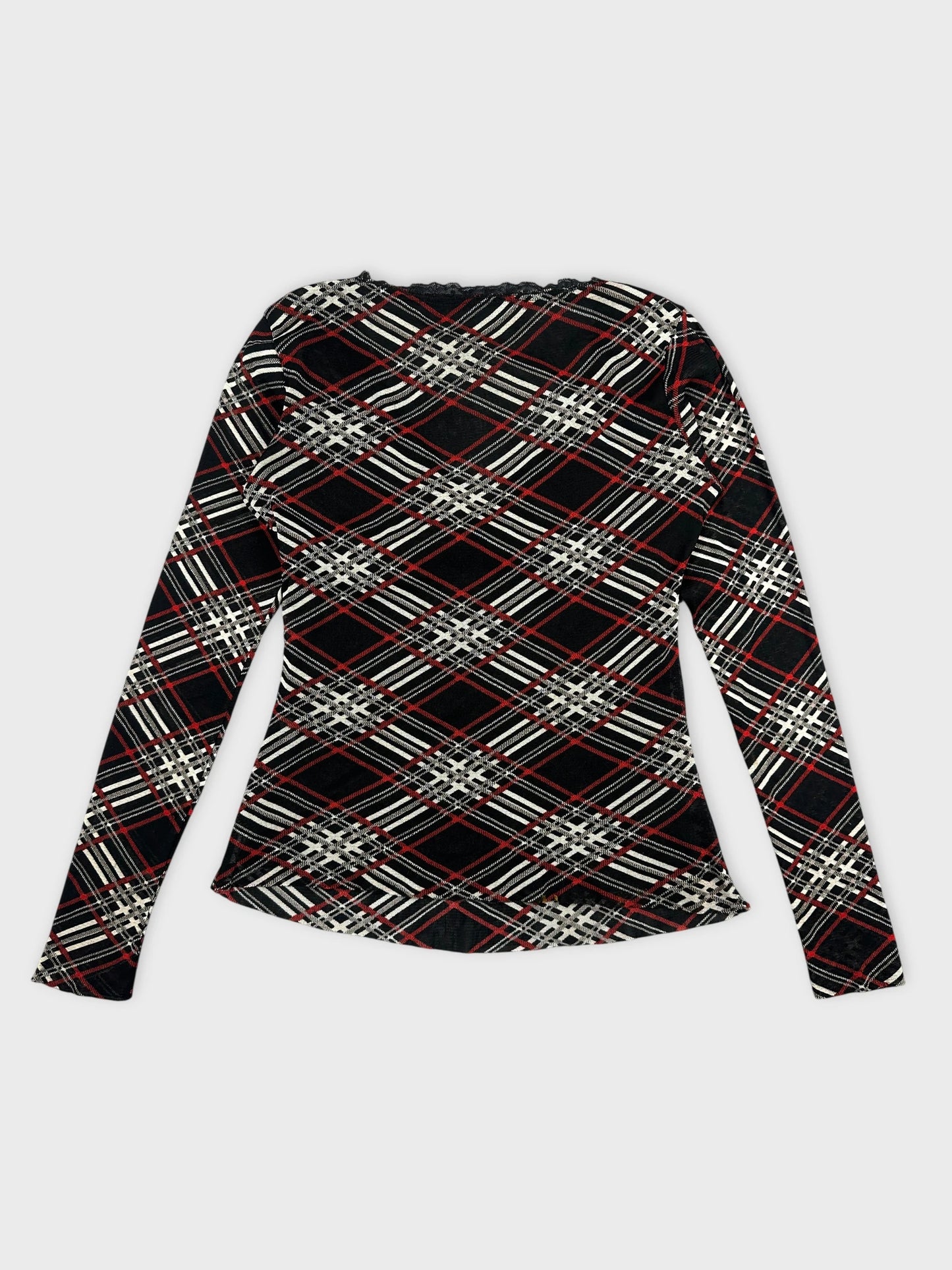 Back view of a black body shirt featuring a plaid pattern in white and red.