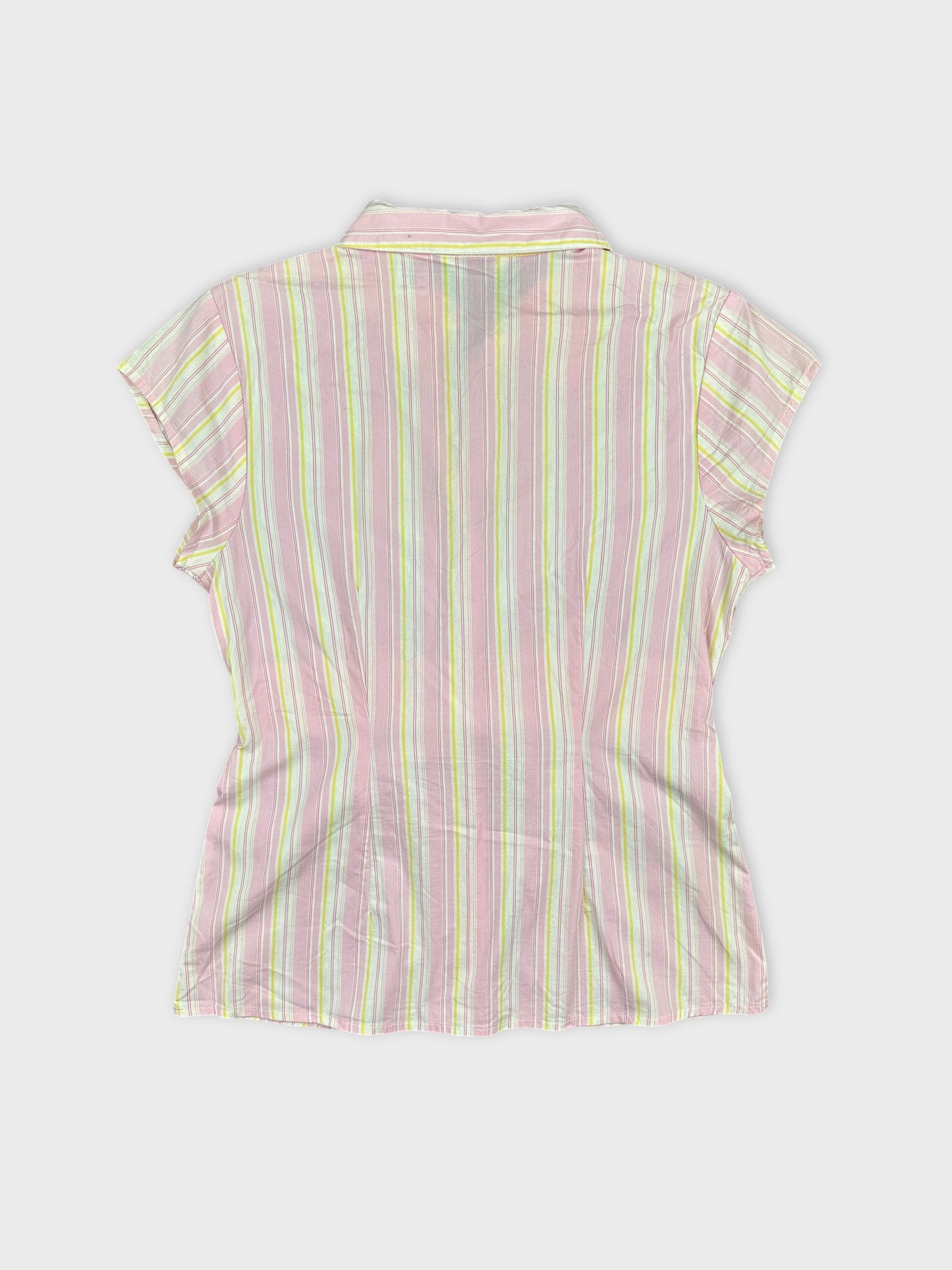 Back view of a pink striped women’s body shirt showing cap sleeves.