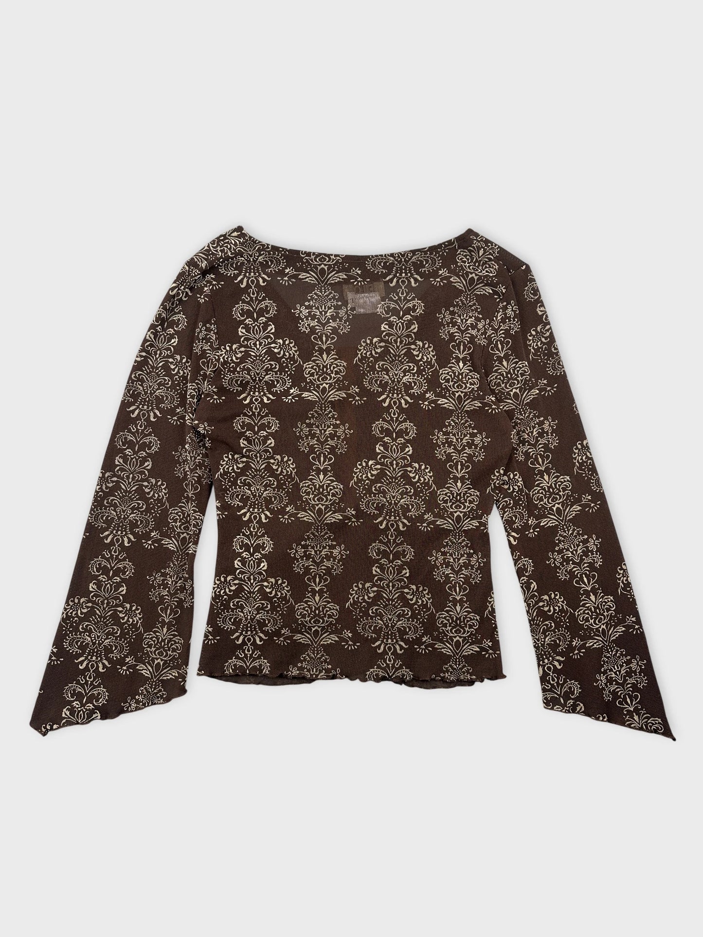 Back view of a brown long-sleeve body shirt with floral print.