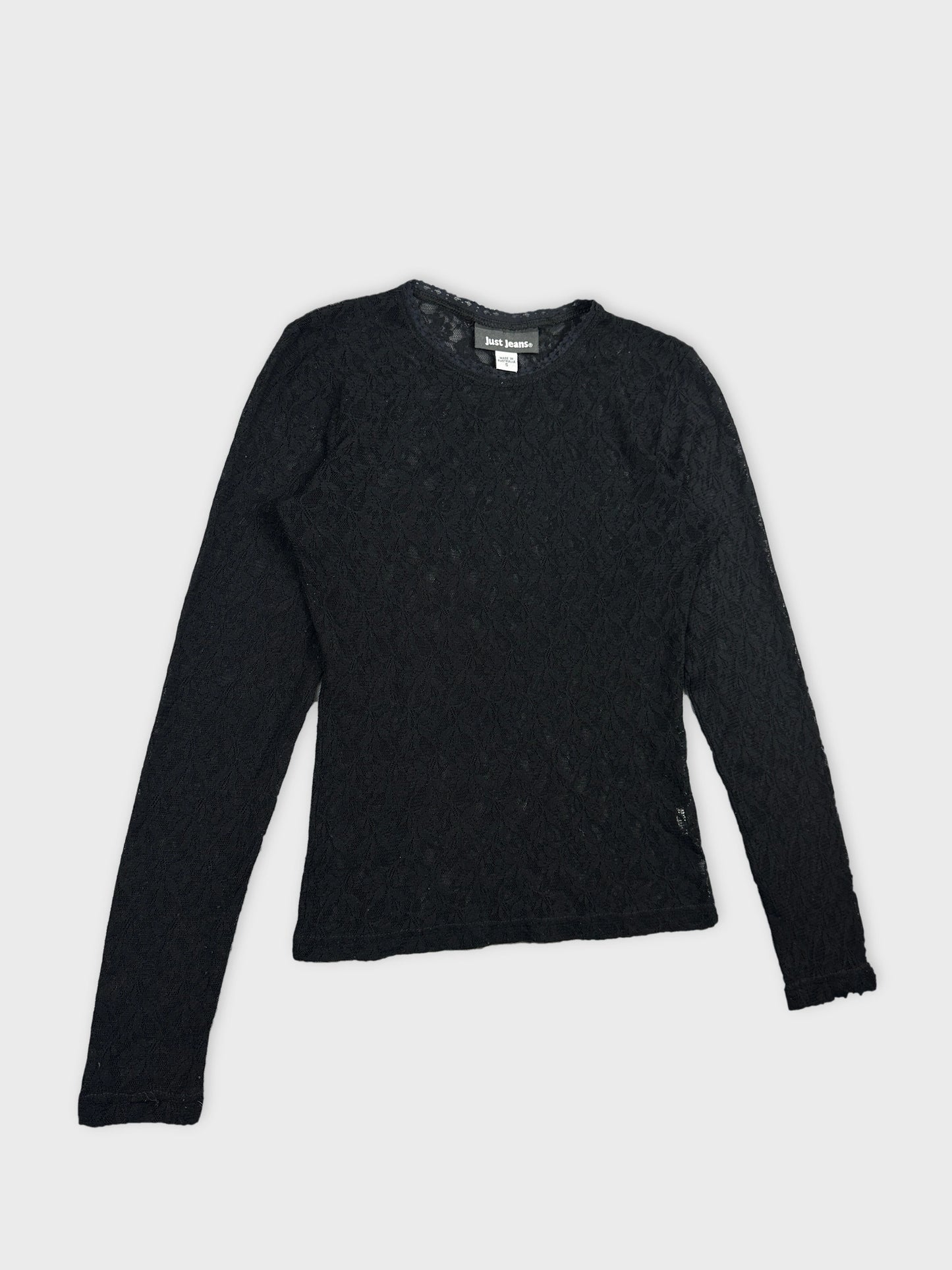 Black long-sleeve body shirt with lace detail view.
