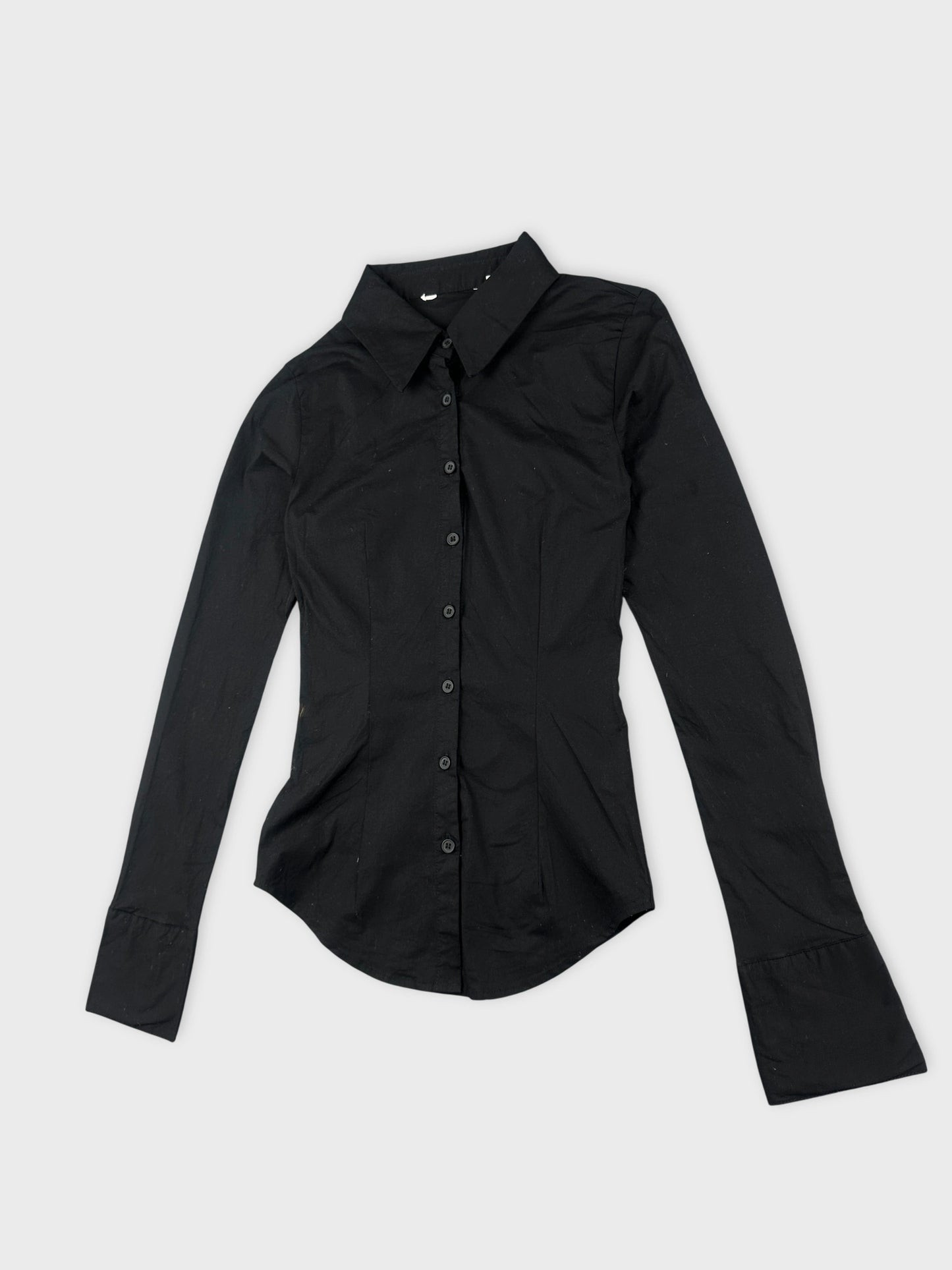 Black body shirt with a button-up front detail view