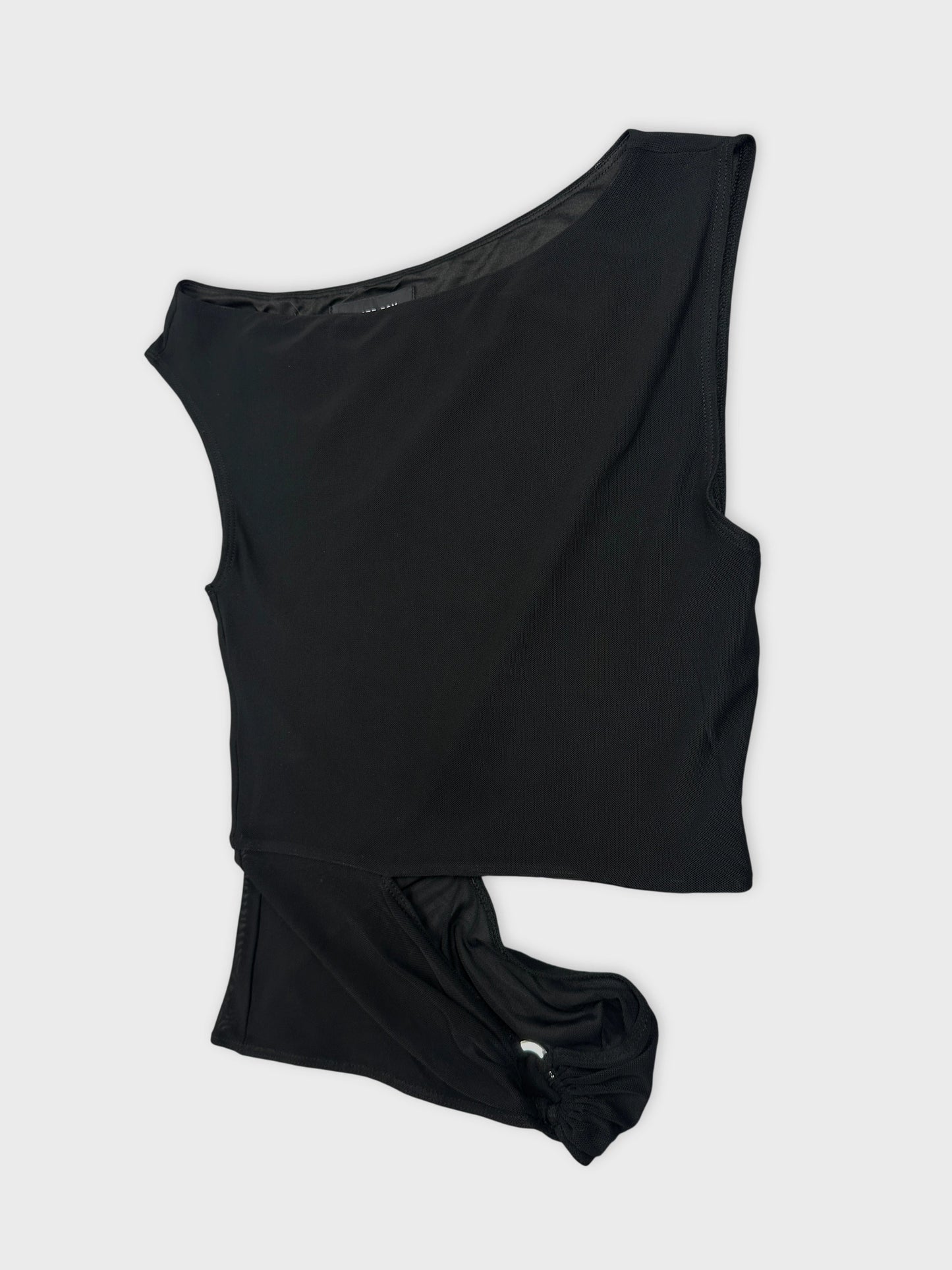 Black body shirt with asymmetrical neckline detail view
