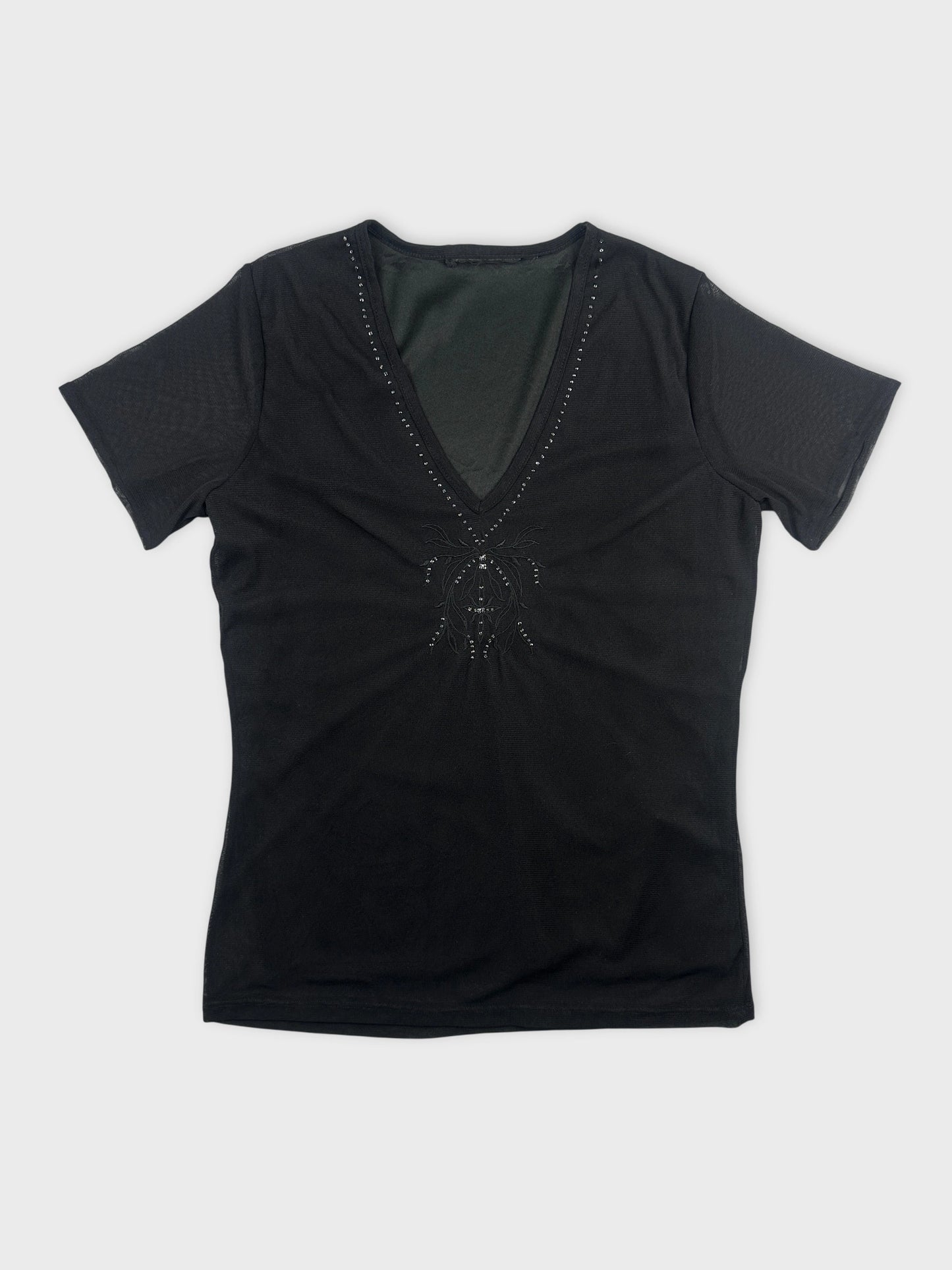 Black body shirt with a V-neck and decorative stitching front view
