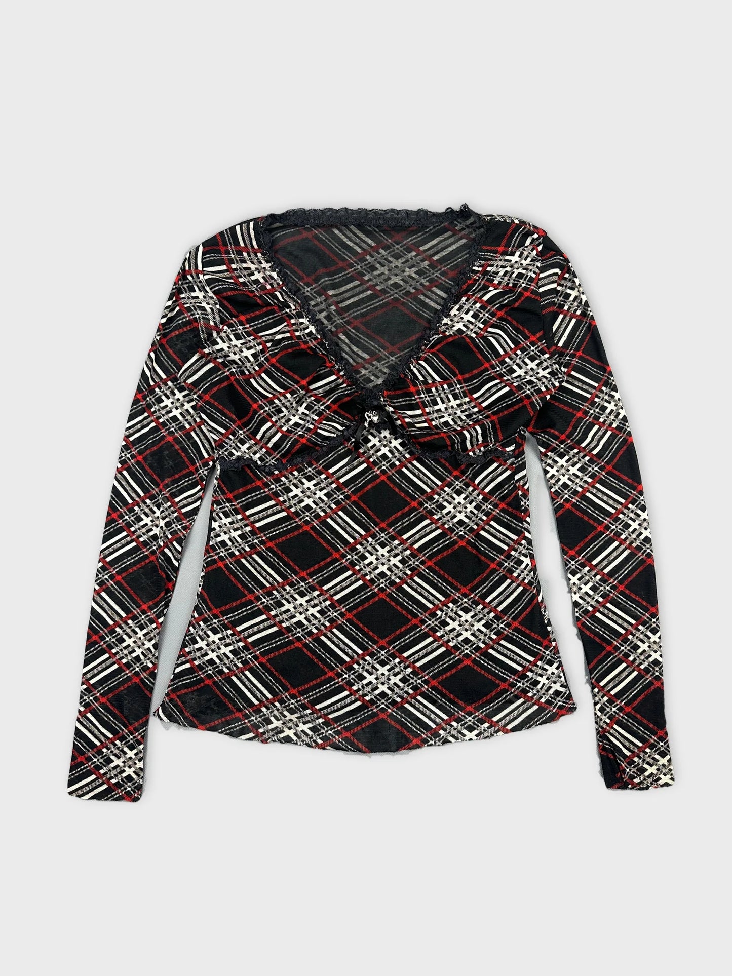 Front view of a long-sleeve black and red plaid body shirt