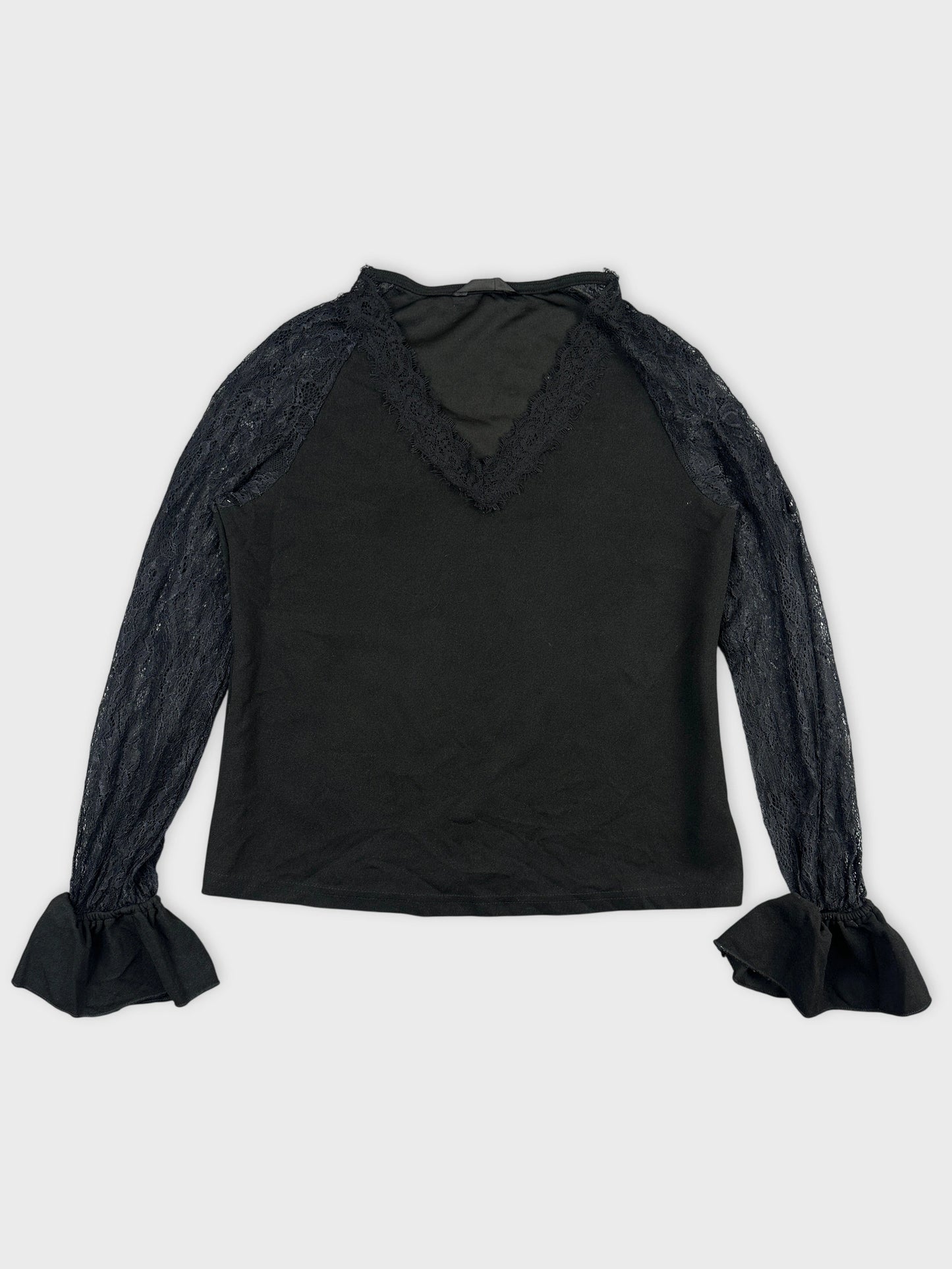 Front view of a black body shirt with lace sleeves and bell cuffs.