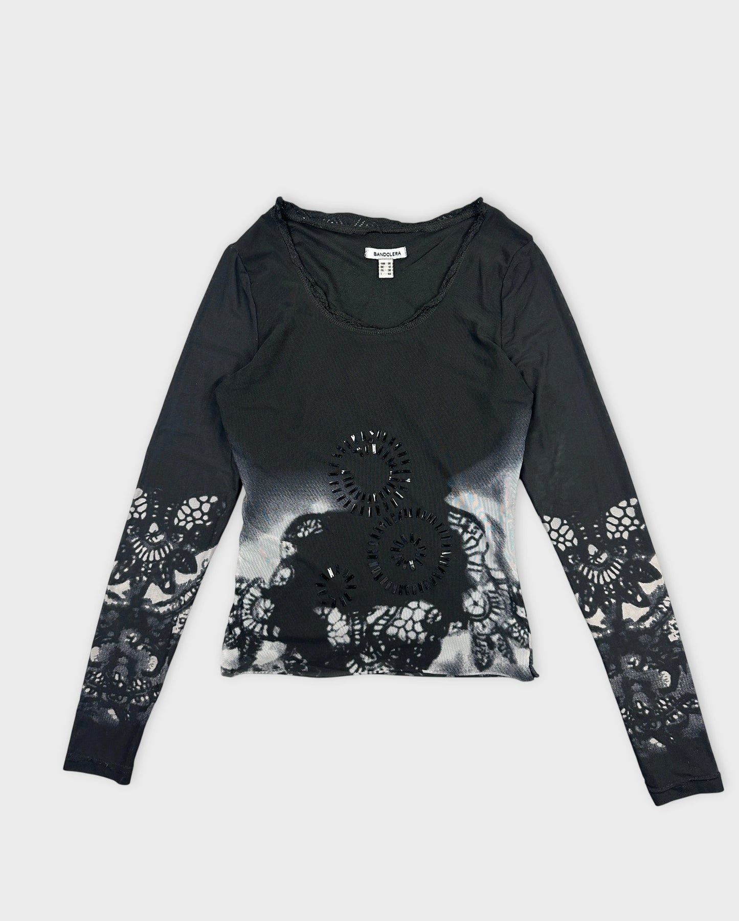Front view of black long sleeve body shirt with lace detail.