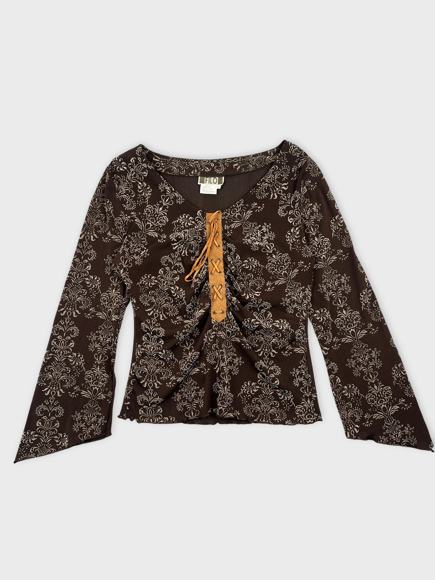Front view of a brown printed body shirt featuring lace-up detail.