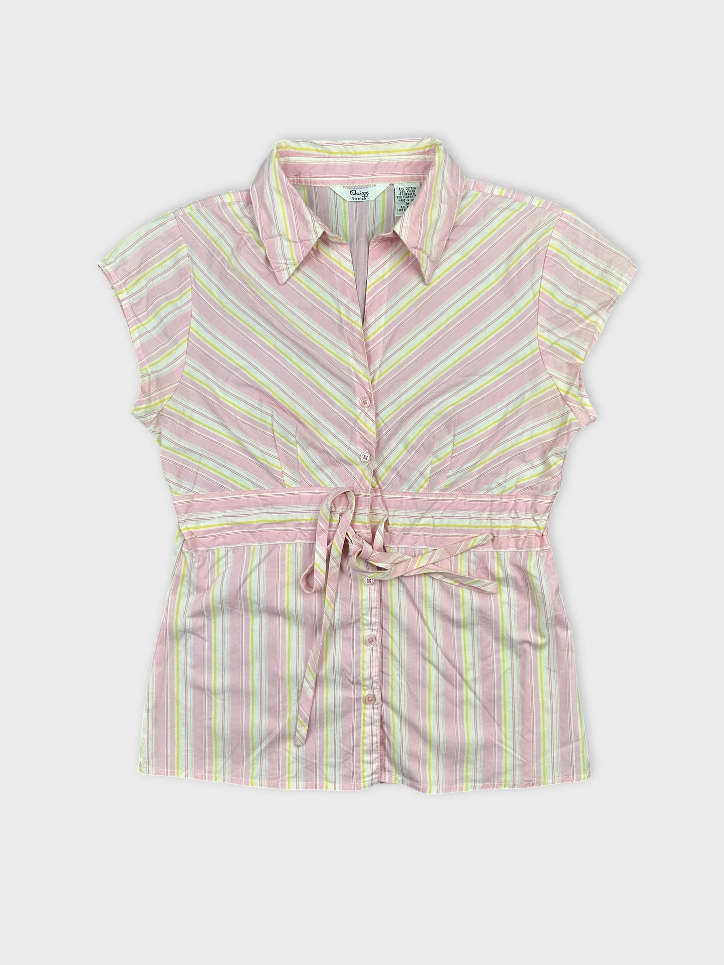 Front view of a pink striped women body shirt with a belted waist.