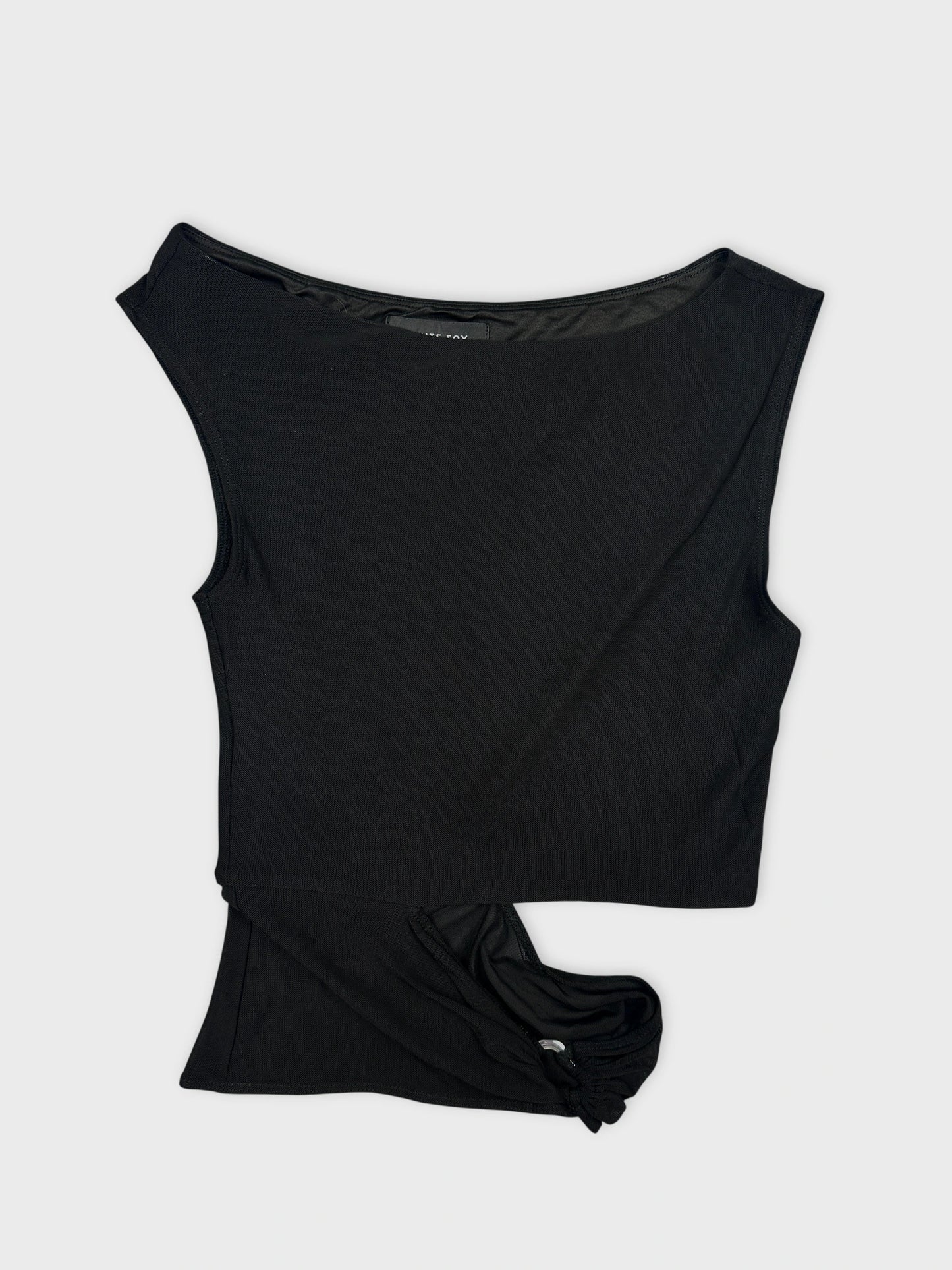 Black body shirt featuring a knotted detail at the hem front view