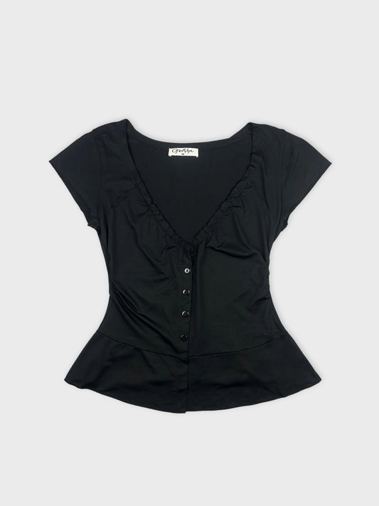 Black body shirt with ruffled neckline front view