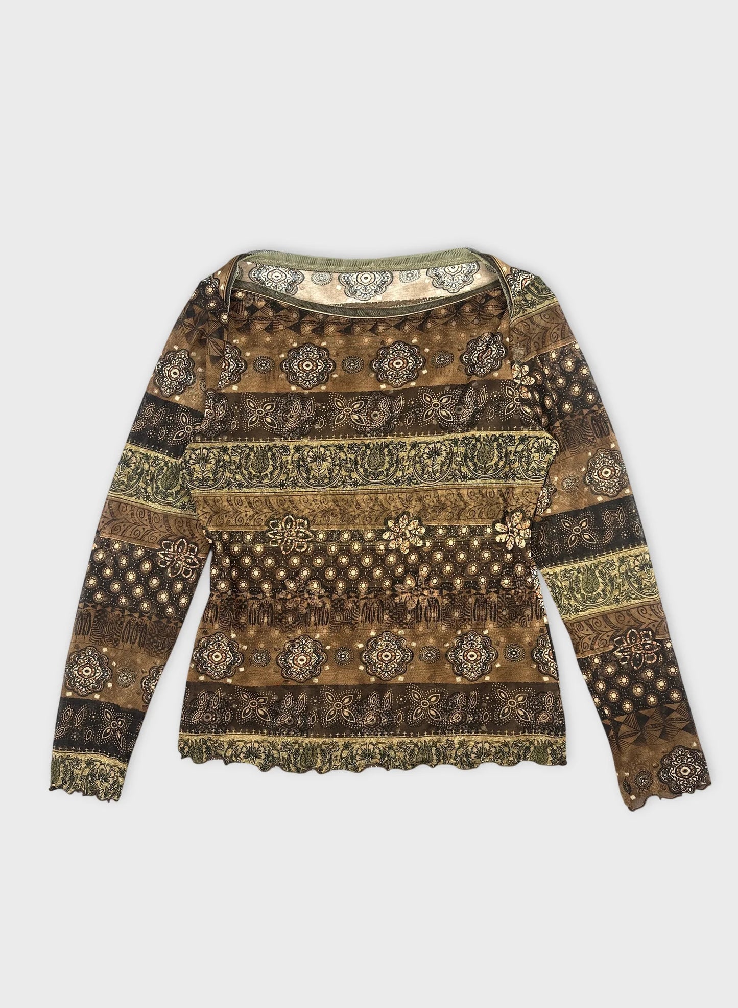 Women's long sleeve body shirt in earthy tones with floral pattern front view.