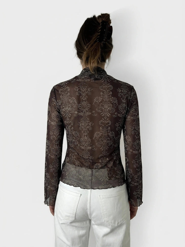 Chic Brown Sheer Body Shirt with Lace-Up Detail (M)