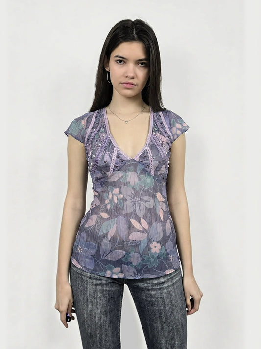 Purple floral body shirt with lace trim, shown in front view.